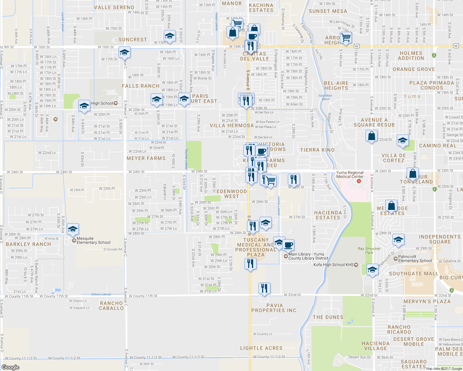 map of restaurants, bars, coffee shops, grocery stores, and more near 2610 West 25th Street in Yuma