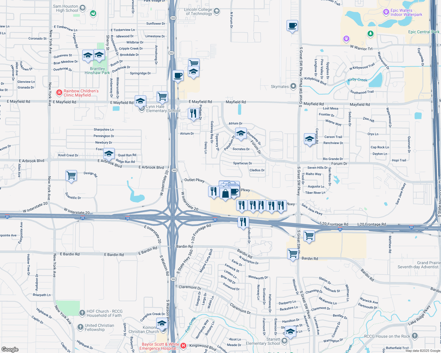 map of restaurants, bars, coffee shops, grocery stores, and more near 2951 Paladium Drive in Grand Prairie