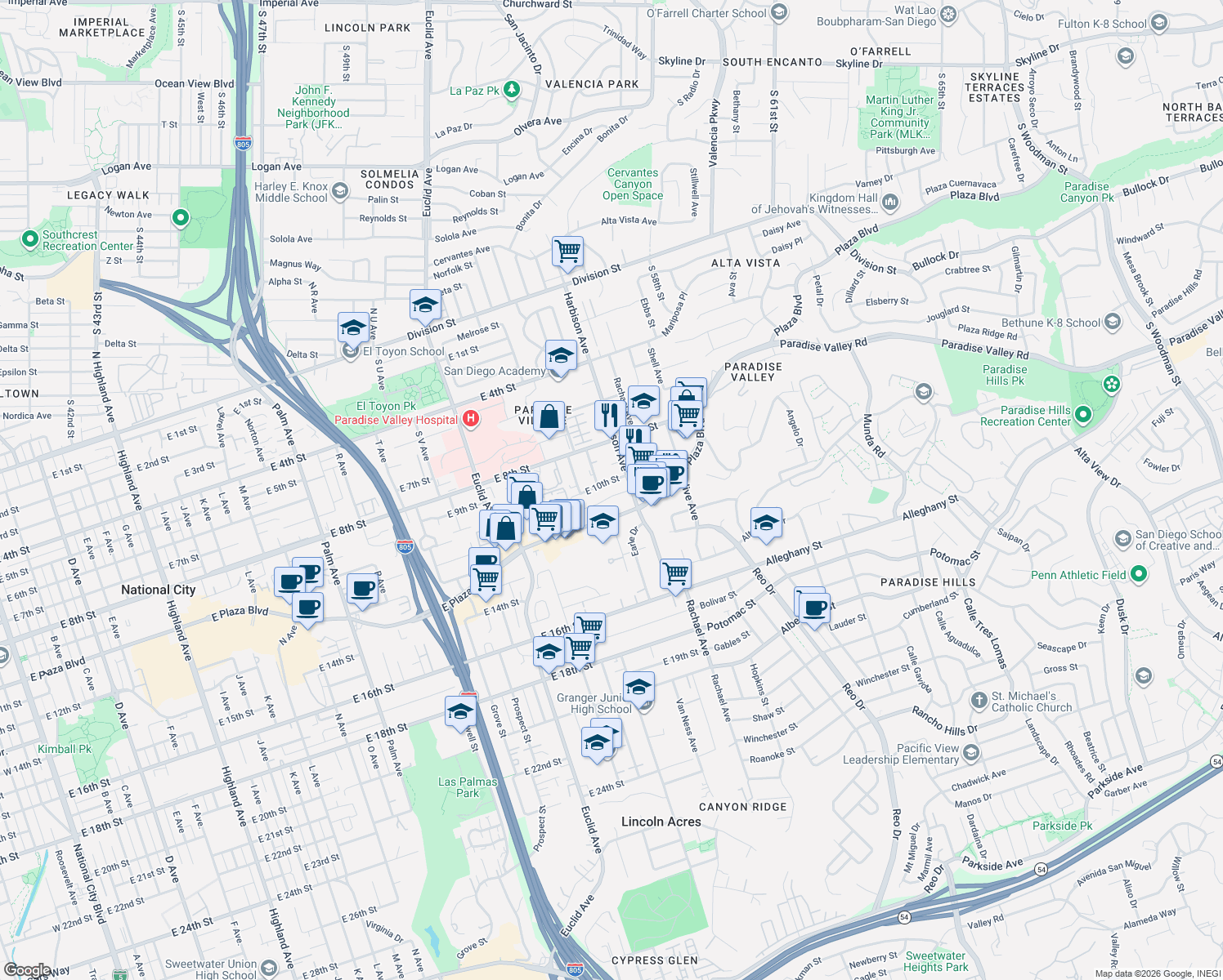 map of restaurants, bars, coffee shops, grocery stores, and more near 3006 East 11th Street in National City