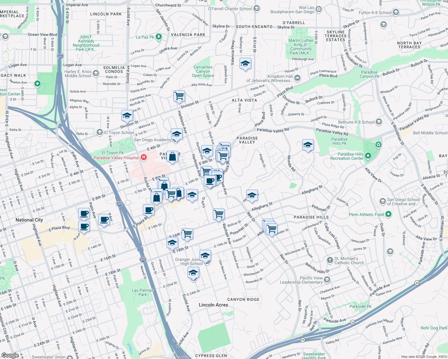 map of restaurants, bars, coffee shops, grocery stores, and more near 3239 East Plaza Boulevard in National City