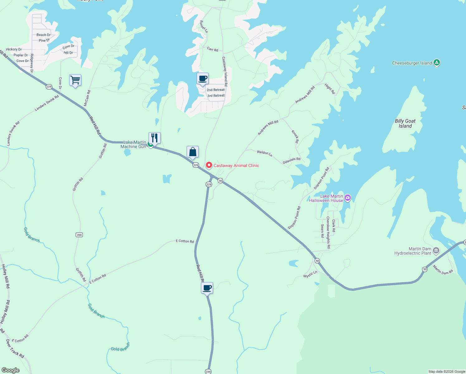 map of restaurants, bars, coffee shops, grocery stores, and more near 241 Martin Dam Road in Tallassee