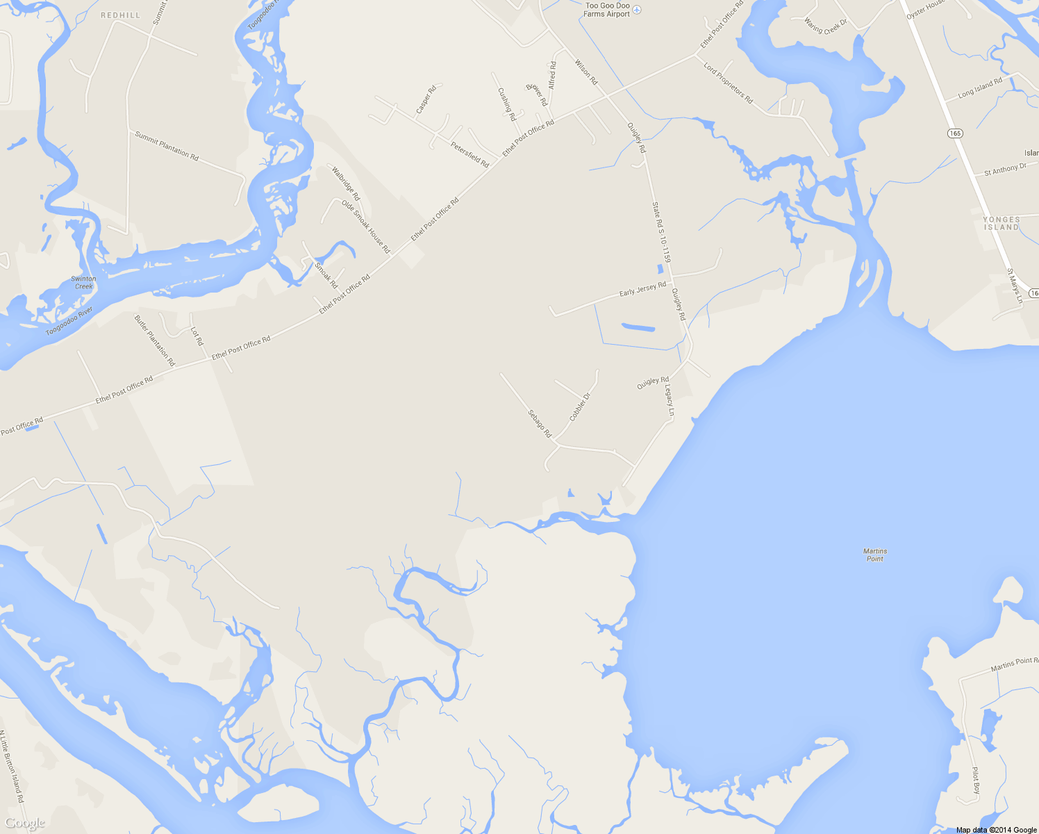 map of restaurants, bars, coffee shops, grocery stores, and more near 4239 Sebago Road in Meggett
