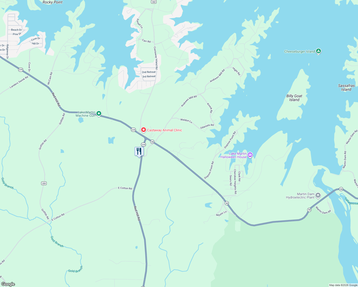 map of restaurants, bars, coffee shops, grocery stores, and more near 241 Martin Dam Road in Tallassee