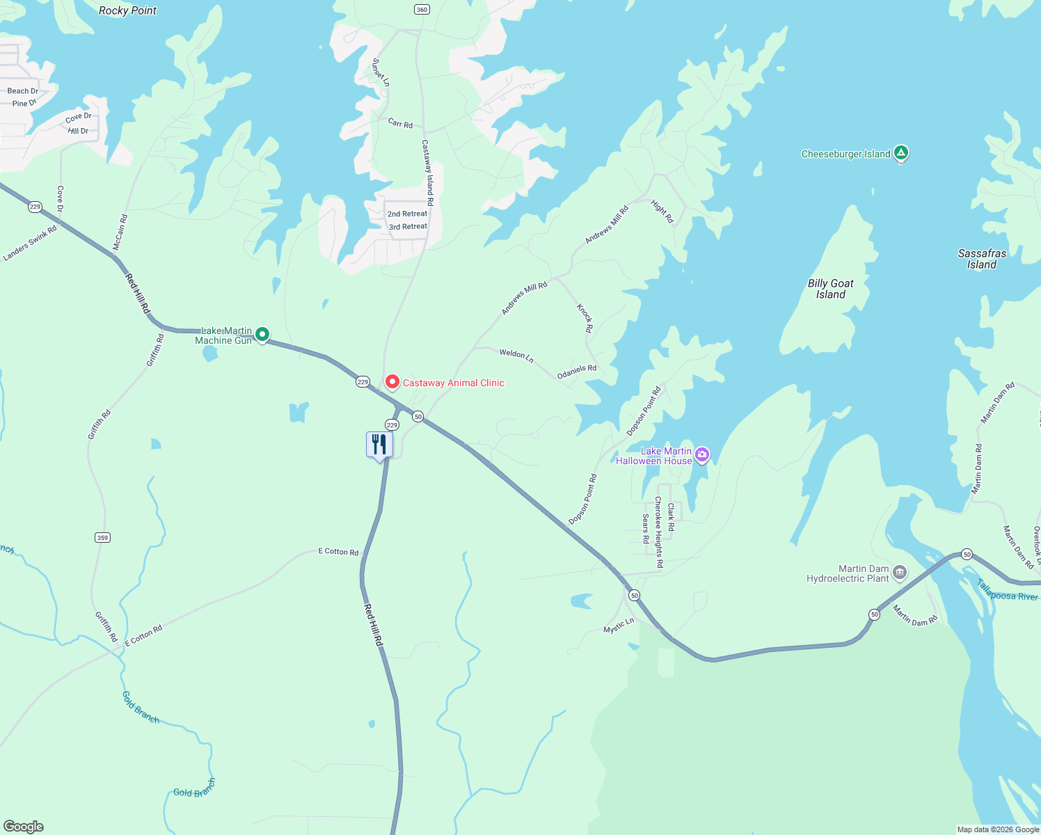 map of restaurants, bars, coffee shops, grocery stores, and more near 403 Martin Dam Road in Tallassee