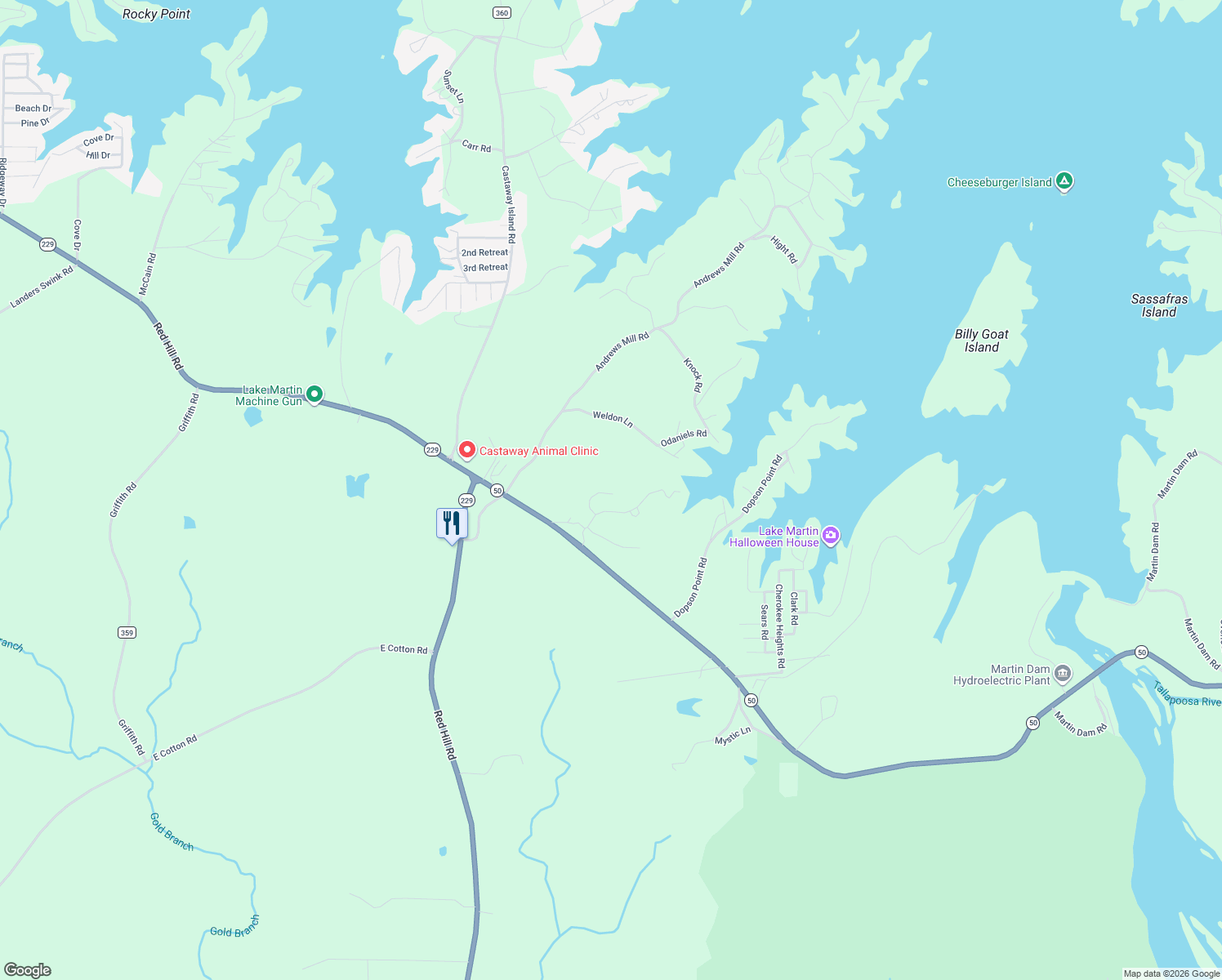 map of restaurants, bars, coffee shops, grocery stores, and more near 403 Martin Dam Road in Tallassee