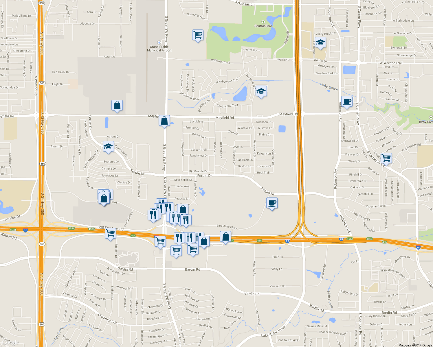map of restaurants, bars, coffee shops, grocery stores, and more near 3558 Sedona Drive in Grand Prairie