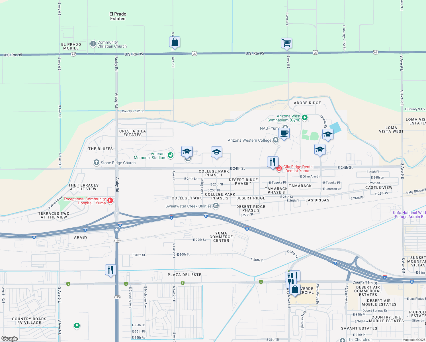 map of restaurants, bars, coffee shops, grocery stores, and more near 7370 East 24th Place in Yuma