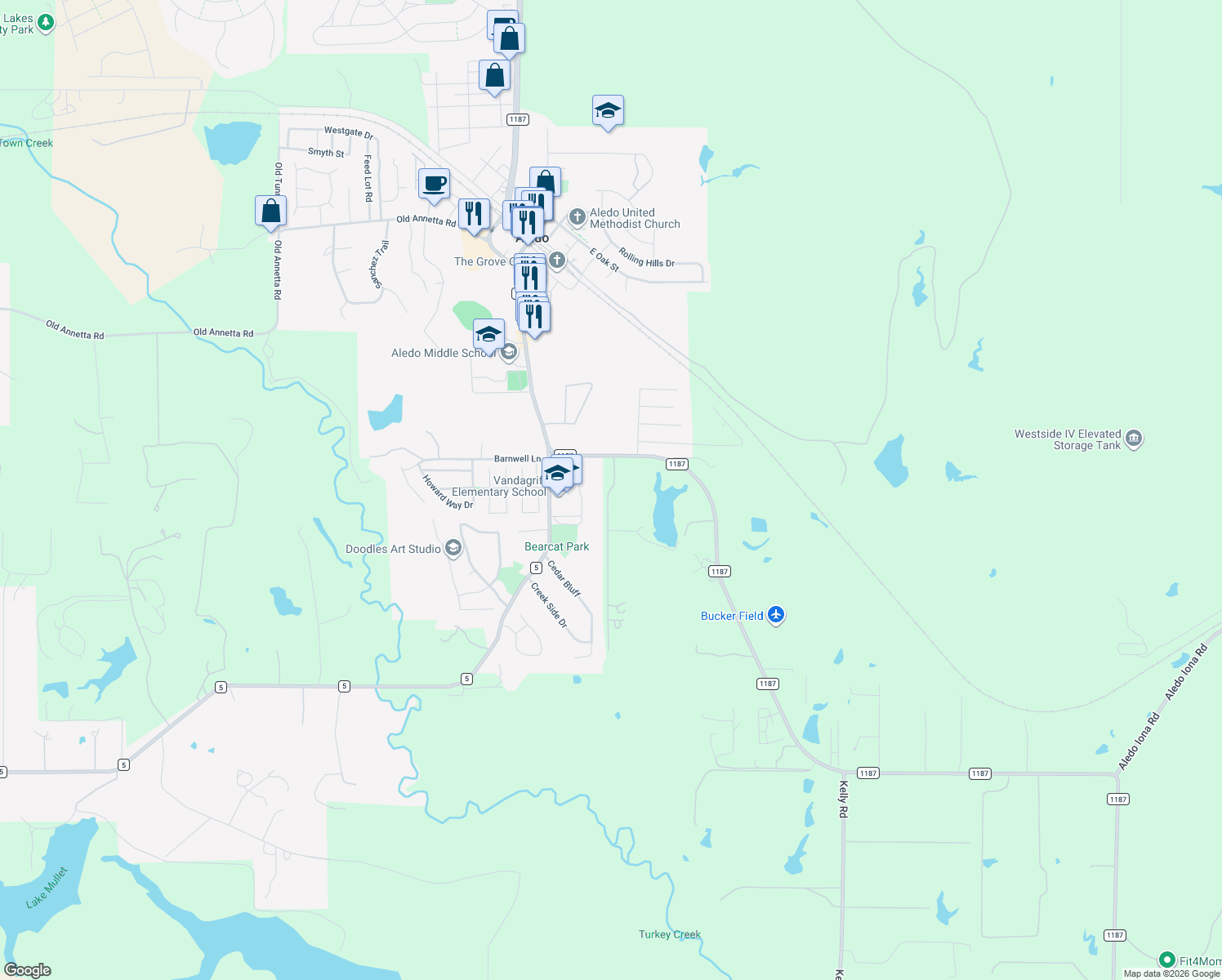 map of restaurants, bars, coffee shops, grocery stores, and more near 357 Wood Lake Road in Aledo