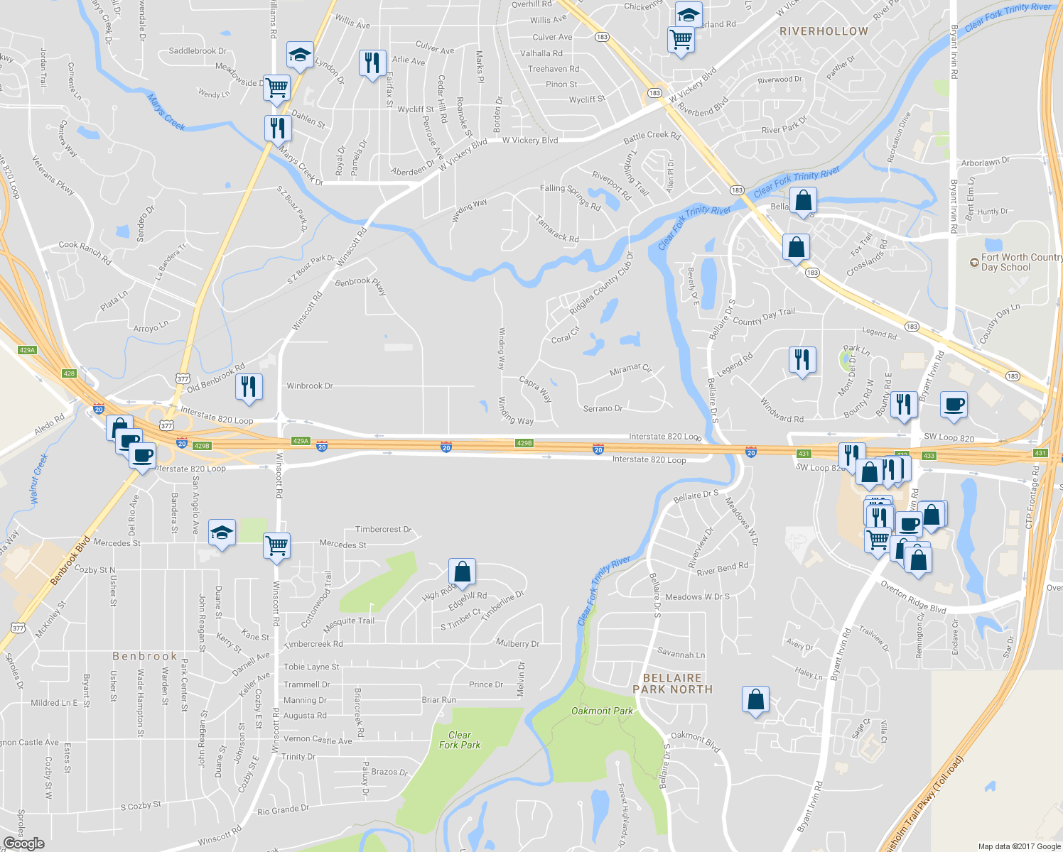 map of restaurants, bars, coffee shops, grocery stores, and more near 4340 Winding Way in Benbrook