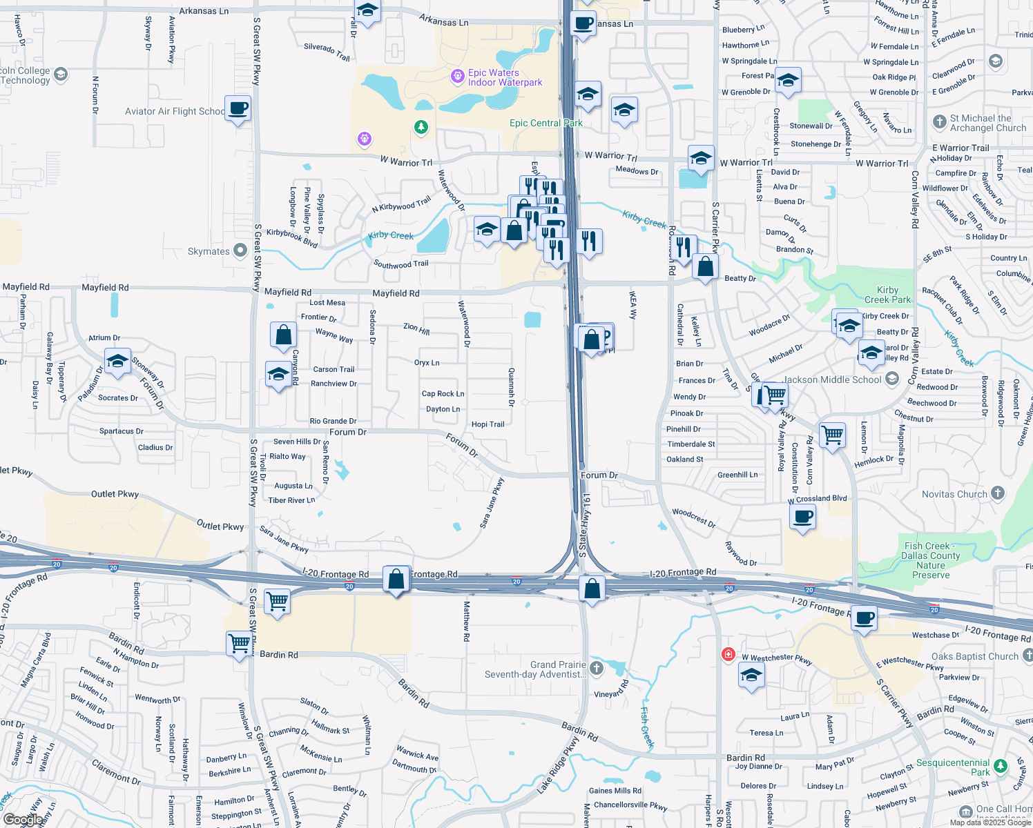 map of restaurants, bars, coffee shops, grocery stores, and more near 3544 Quannah Drive in Grand Prairie
