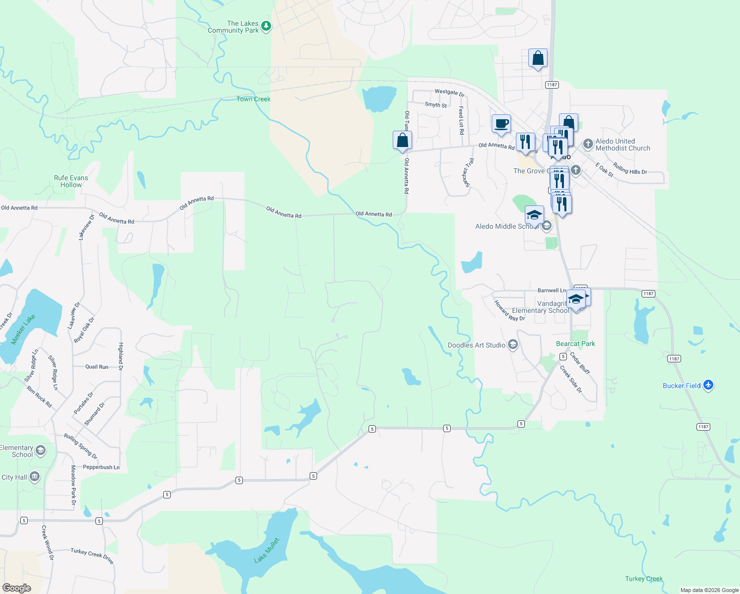 map of restaurants, bars, coffee shops, grocery stores, and more near 102 Trinity Bluffs Road in Aledo