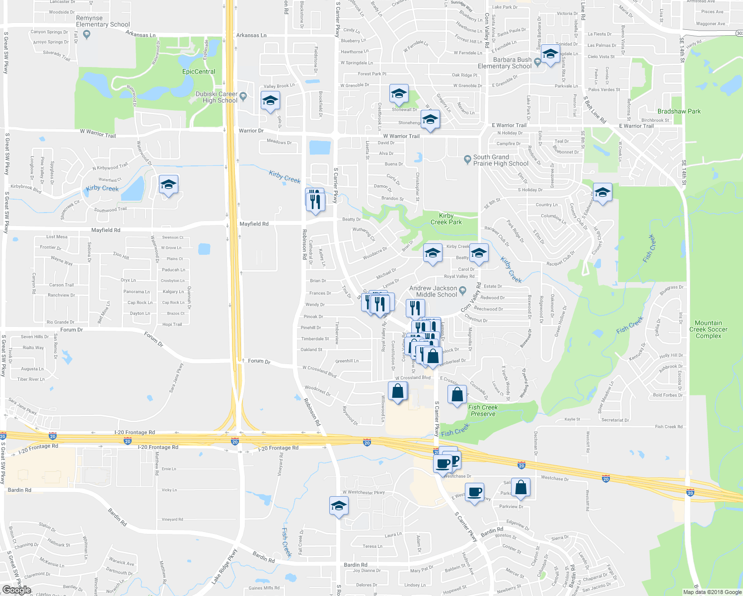 map of restaurants, bars, coffee shops, grocery stores, and more near 3506 Glenda Drive in Grand Prairie