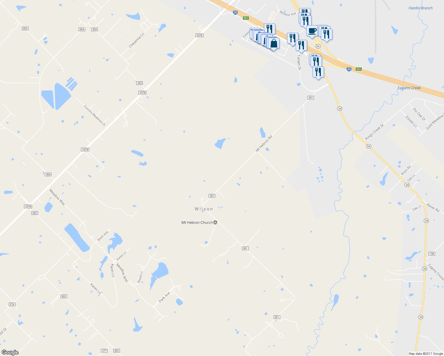 map of restaurants, bars, coffee shops, grocery stores, and more near 8952 County Road 301 in Terrell
