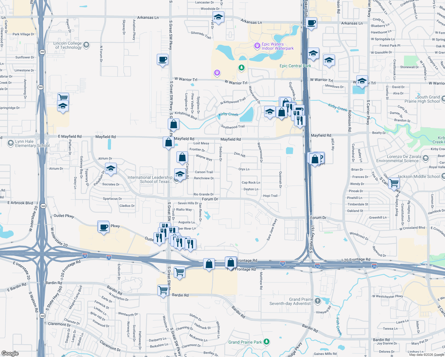 map of restaurants, bars, coffee shops, grocery stores, and more near 3510 Sedona Dr in Grand Prairie