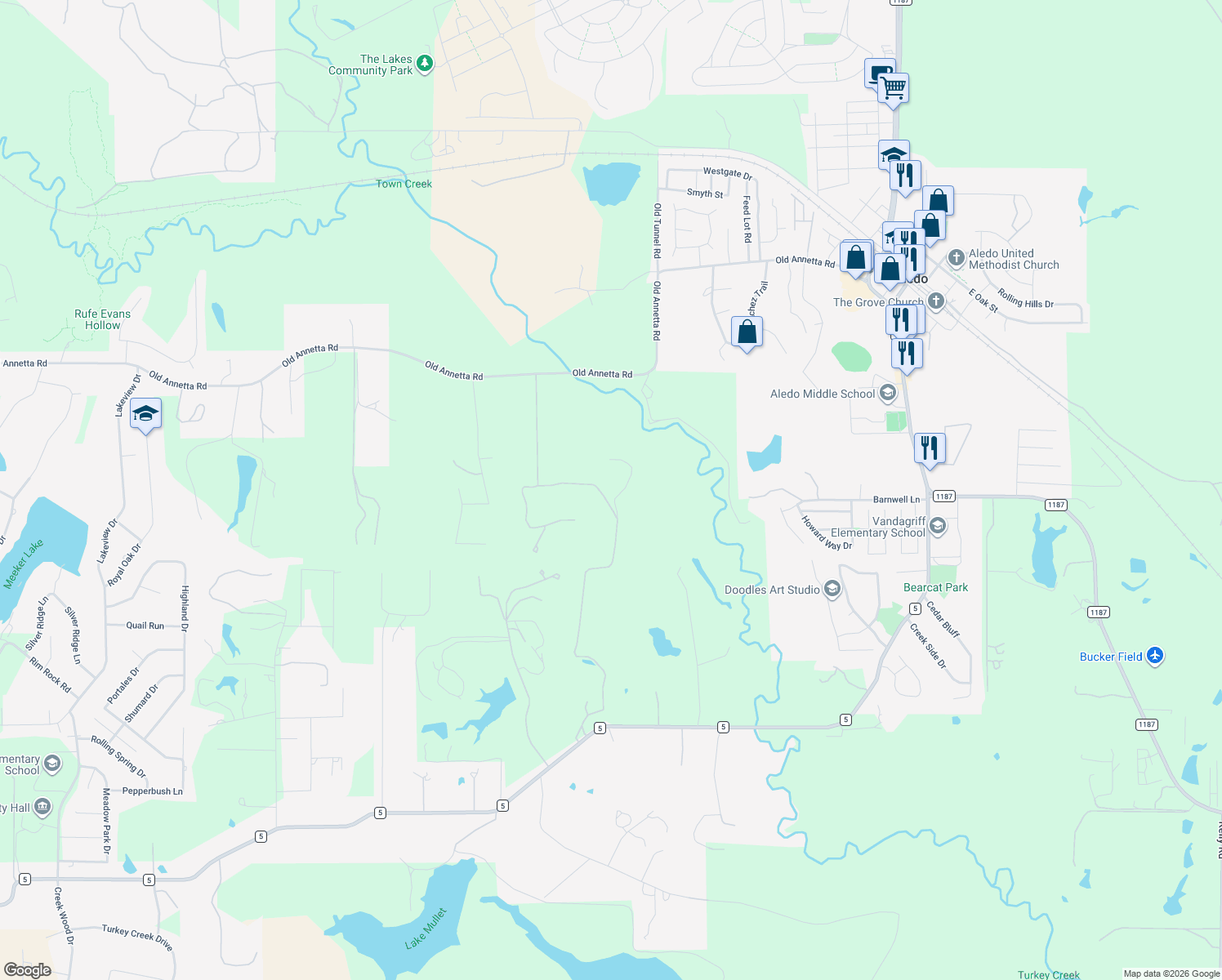 map of restaurants, bars, coffee shops, grocery stores, and more near 102 Trinity Bluffs Road in Aledo