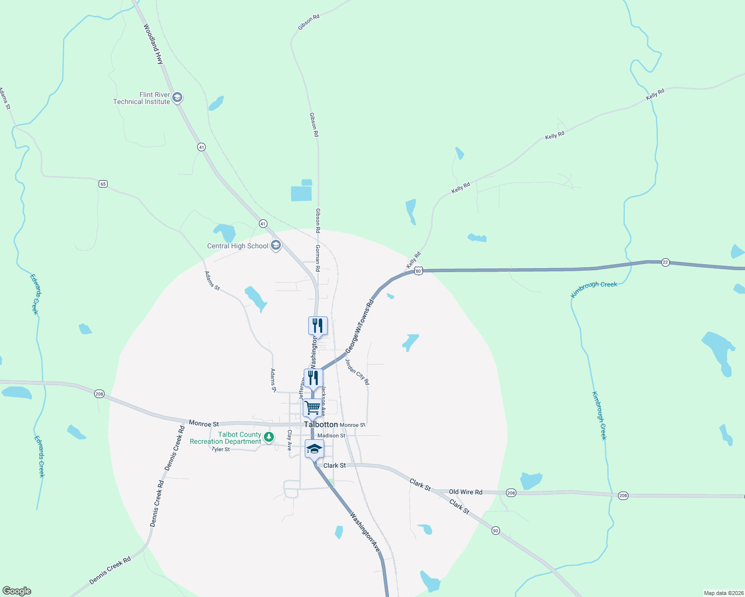 map of restaurants, bars, coffee shops, grocery stores, and more near George W Towns Avenue in Talbotton