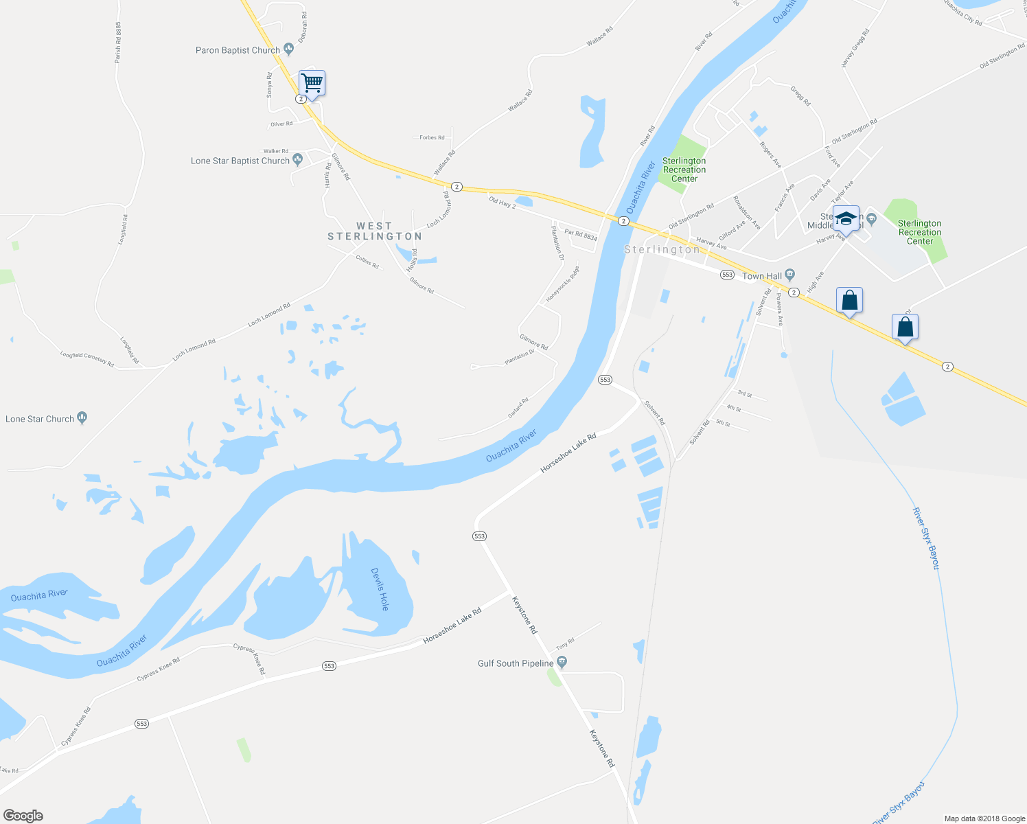 map of restaurants, bars, coffee shops, grocery stores, and more near Garland Road in Sterlington