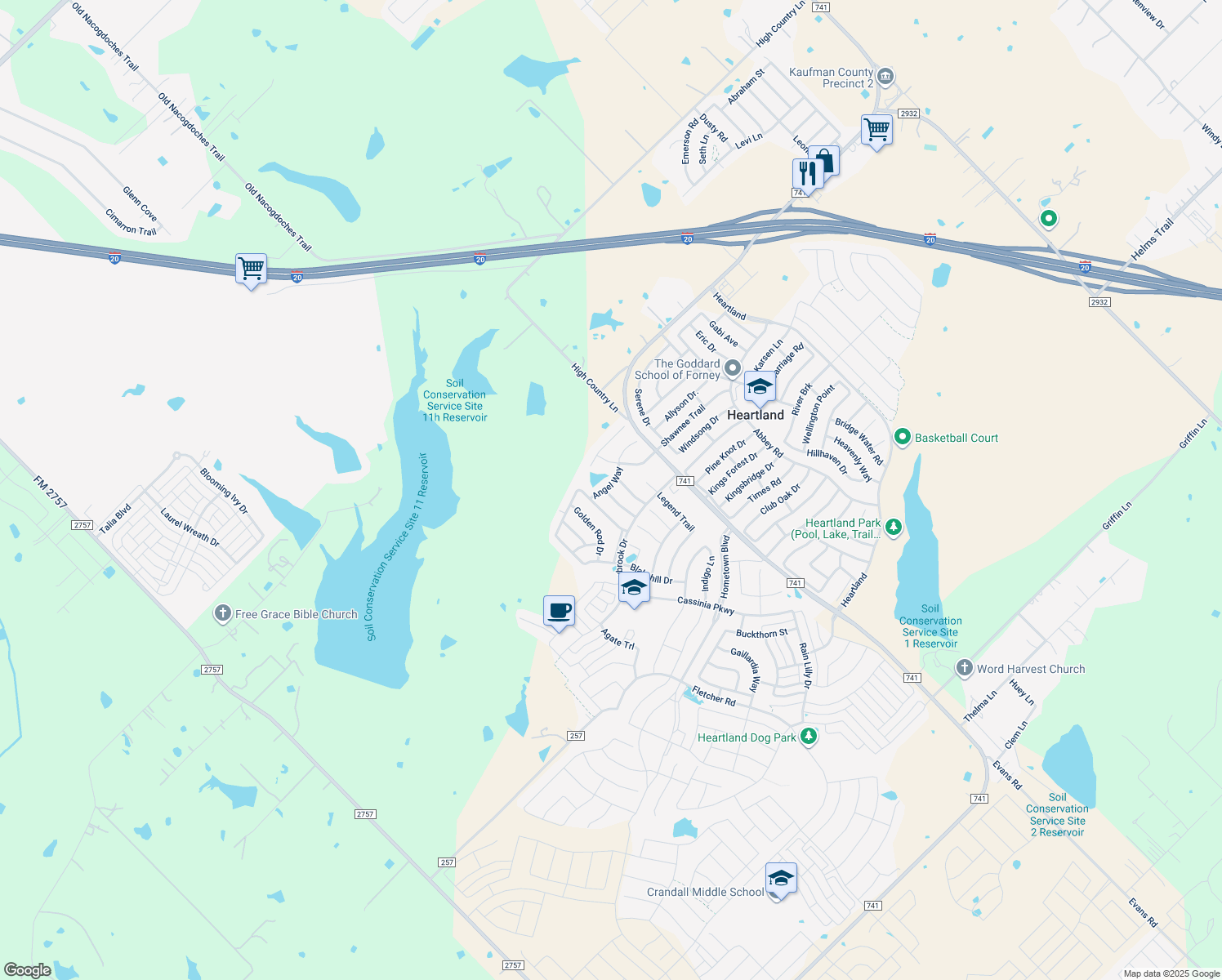 map of restaurants, bars, coffee shops, grocery stores, and more near 4026 Houston Drive in Heartland