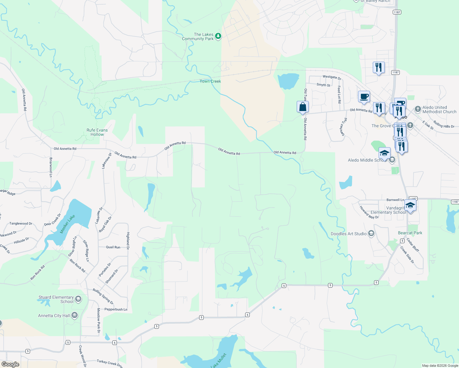 map of restaurants, bars, coffee shops, grocery stores, and more near 432 McDavid Terrace Drive in Aledo