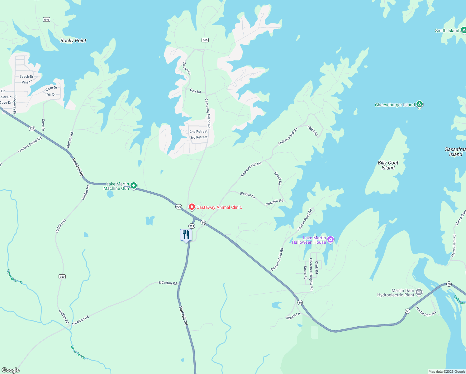 map of restaurants, bars, coffee shops, grocery stores, and more near 564 Andrews Mill Road in Tallassee