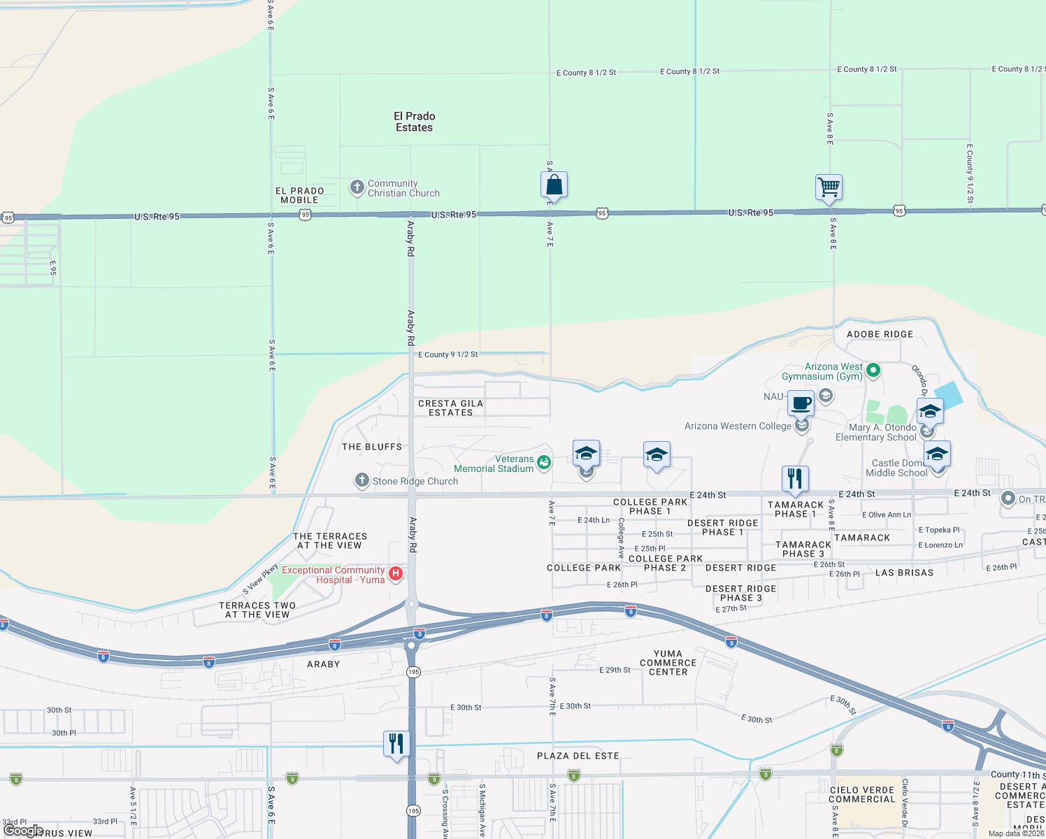 map of restaurants, bars, coffee shops, grocery stores, and more near 6821 E Telegraph St in Yuma