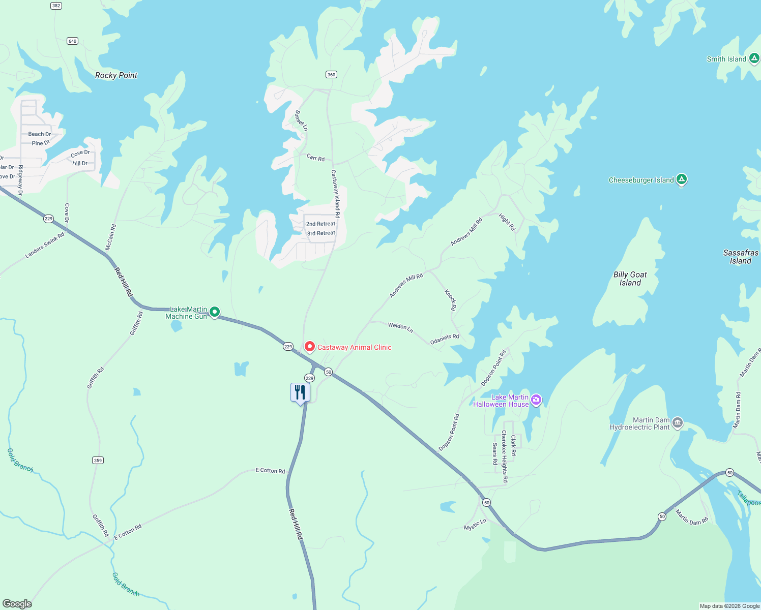 map of restaurants, bars, coffee shops, grocery stores, and more near 564 Andrews Mill Road in Tallassee