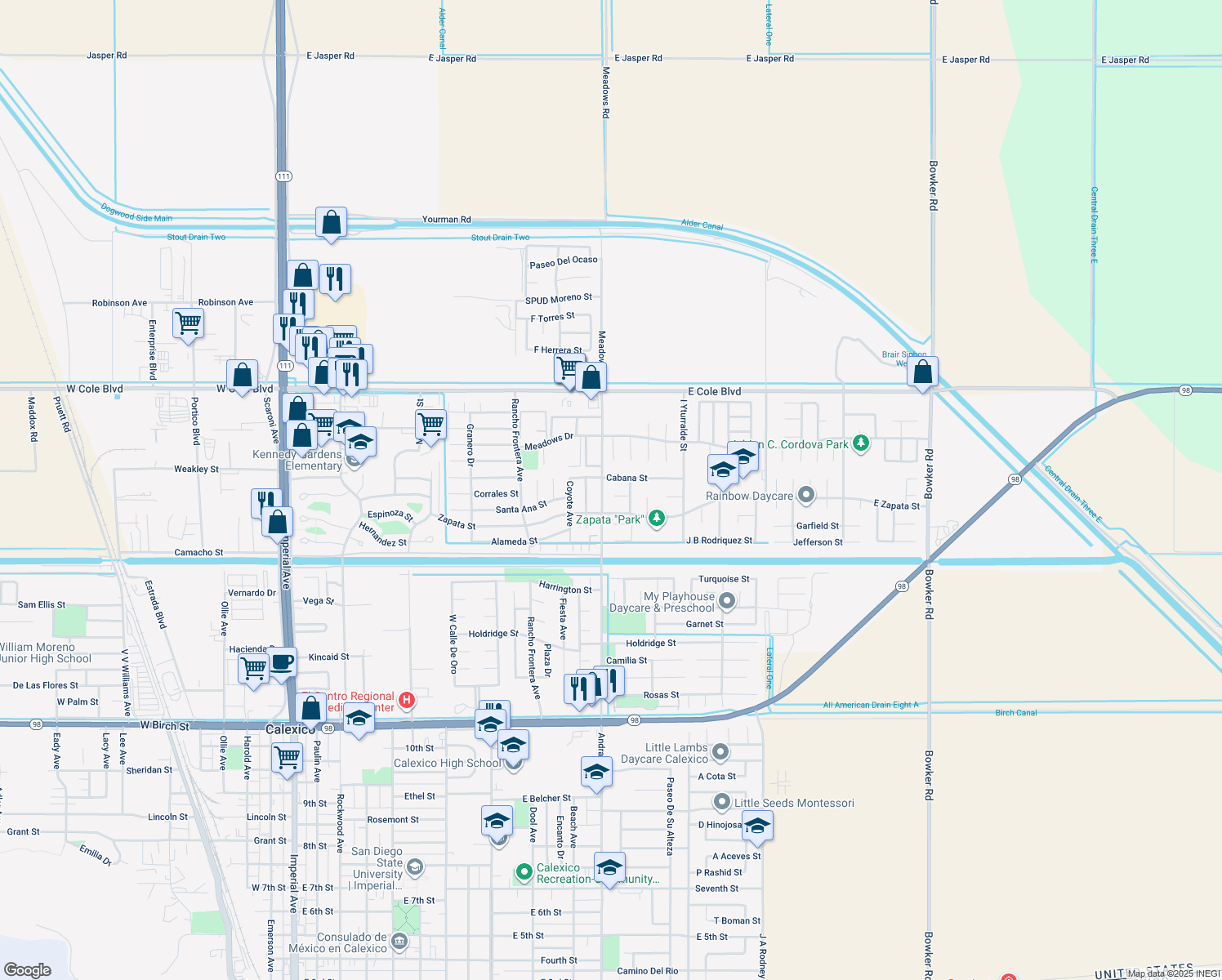 map of restaurants, bars, coffee shops, grocery stores, and more near 1107 J H Black Court in Calexico