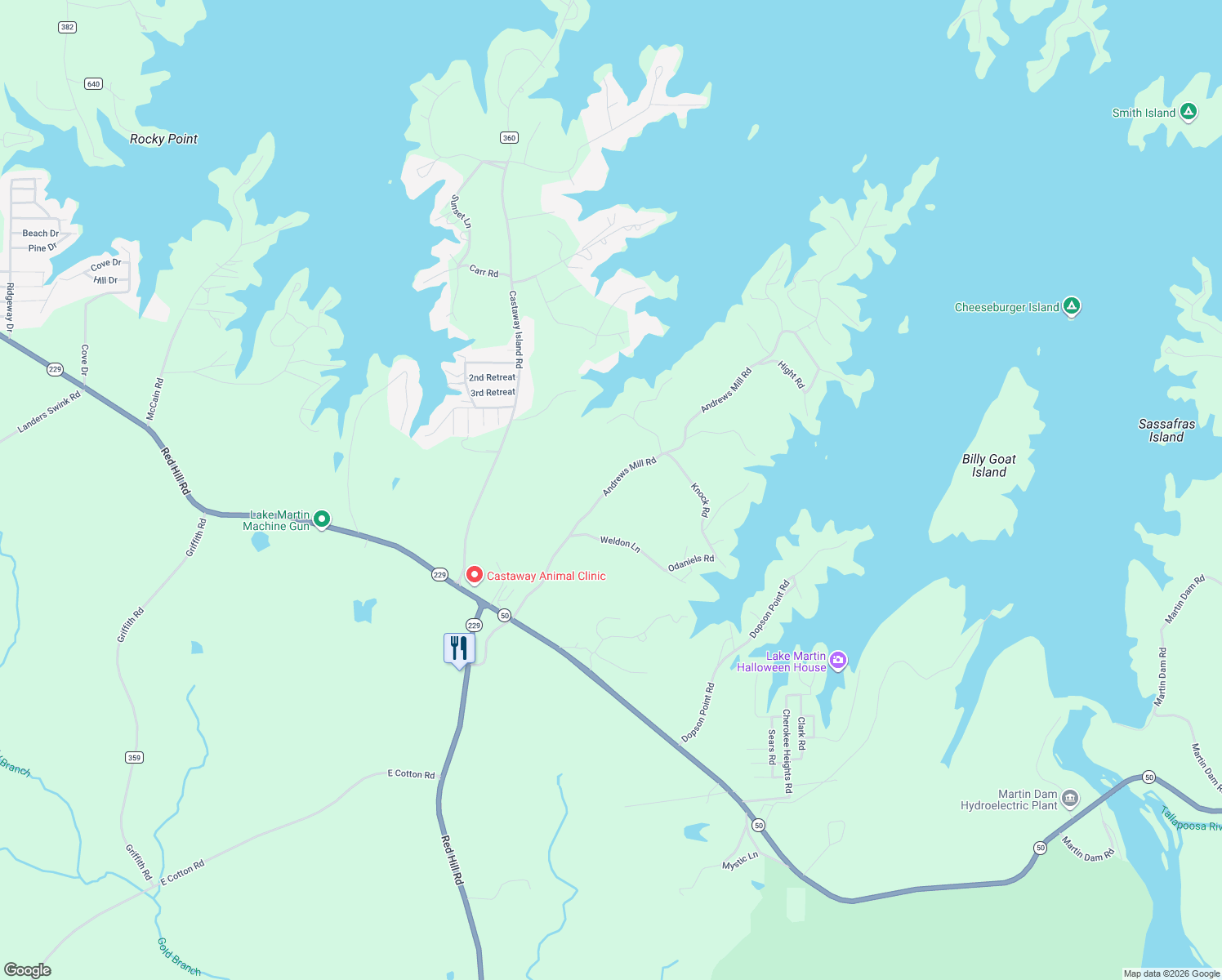 map of restaurants, bars, coffee shops, grocery stores, and more near 564-1112 Andrews Mill Road in Tallassee