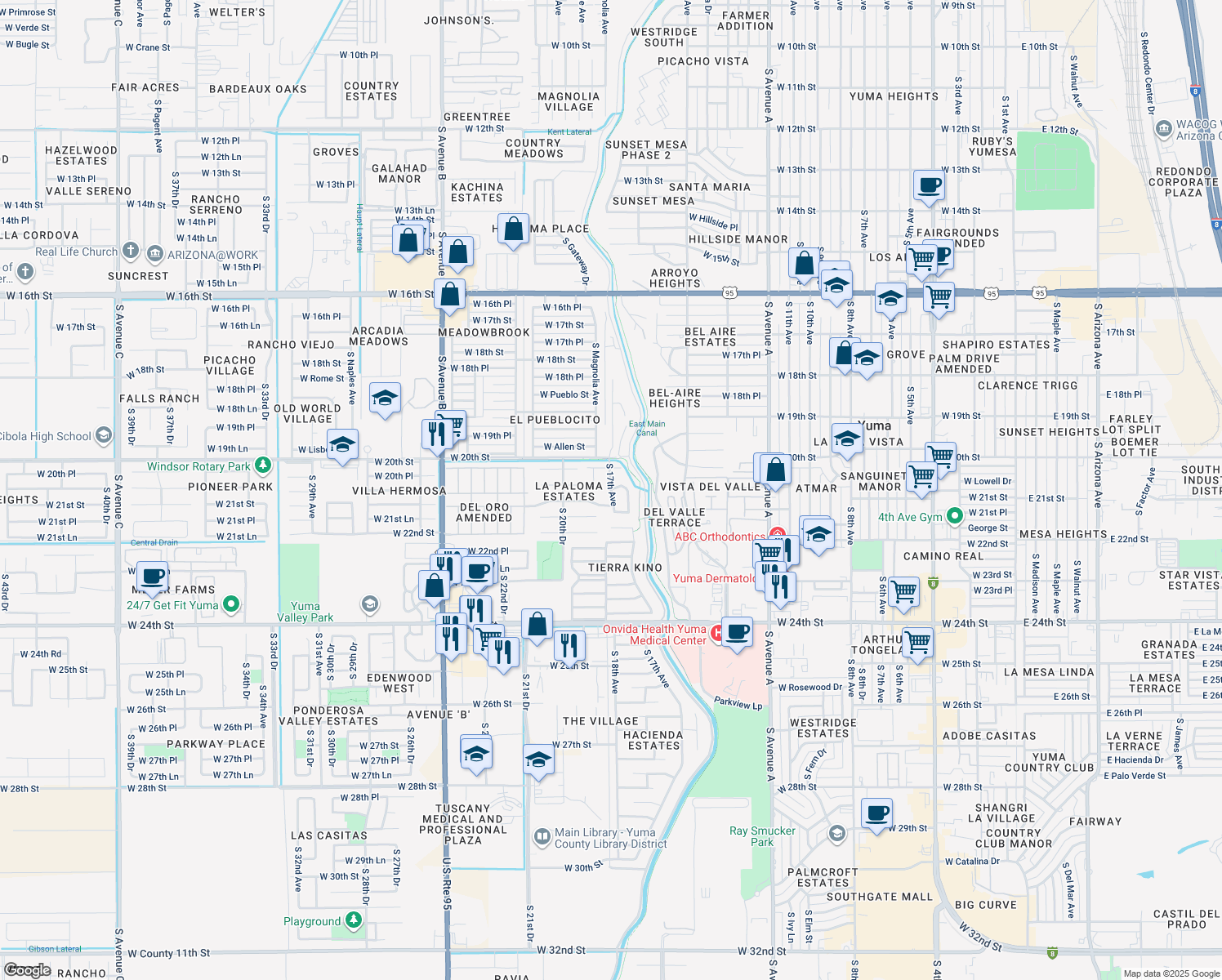 map of restaurants, bars, coffee shops, grocery stores, and more near 2198 Citrus Loop in Yuma
