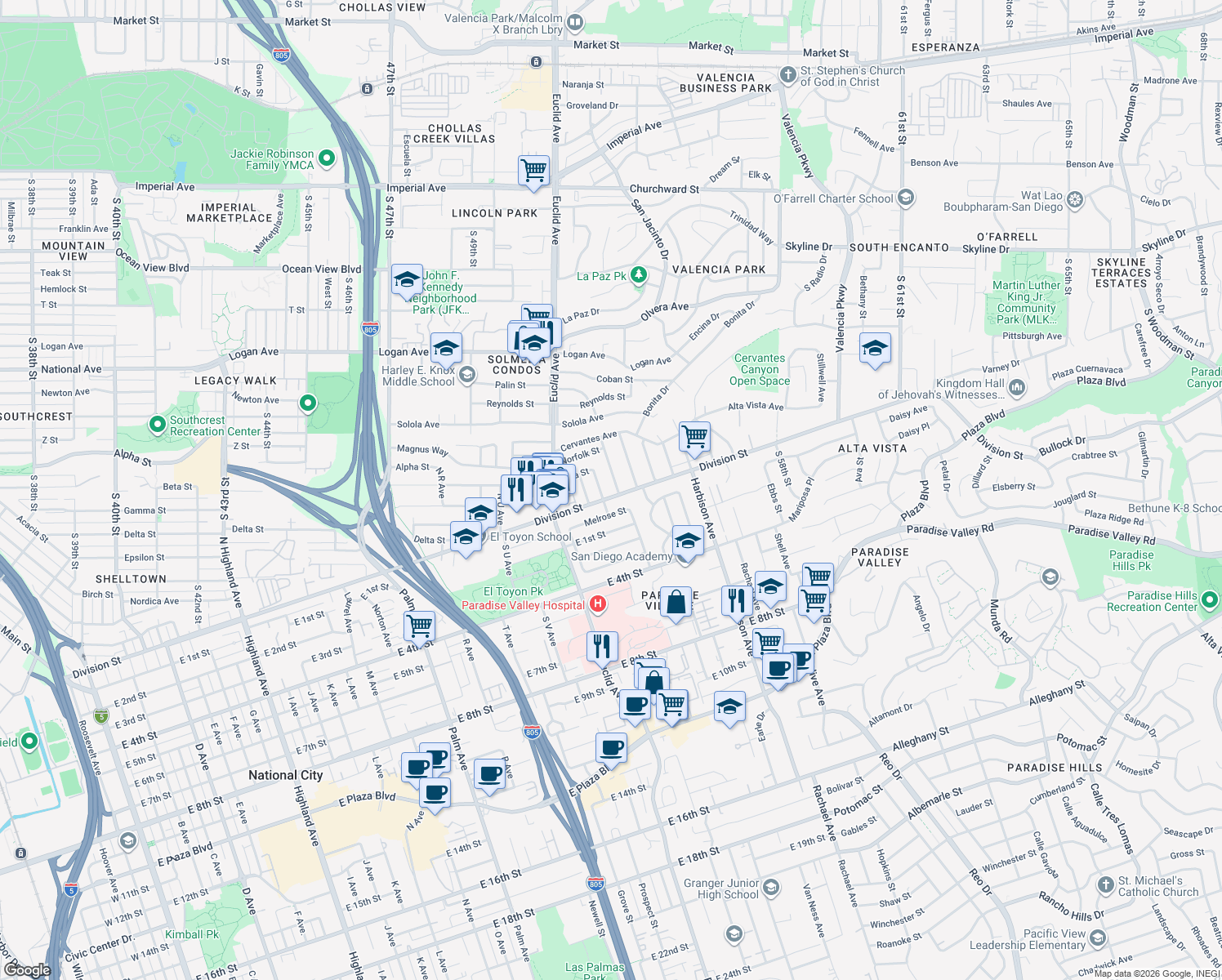 map of restaurants, bars, coffee shops, grocery stores, and more near 47 North Lanoitan Avenue in National City