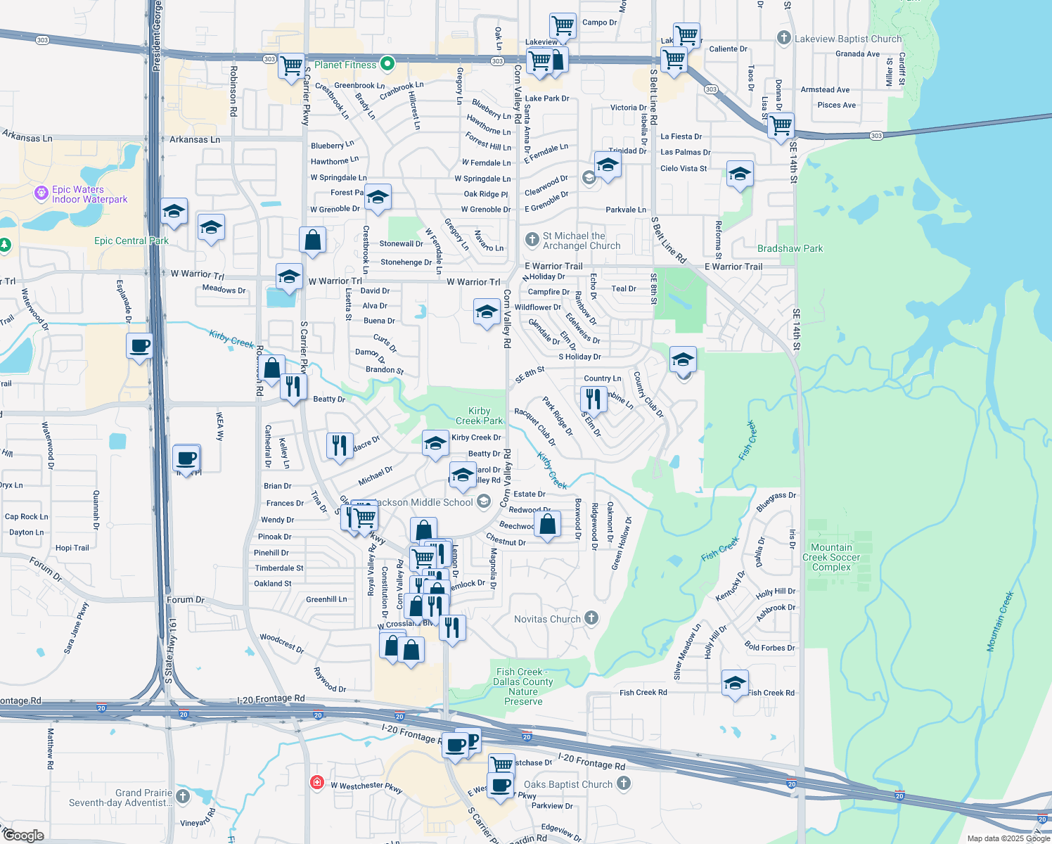 map of restaurants, bars, coffee shops, grocery stores, and more near 3669 Racquet Club Drive in Grand Prairie