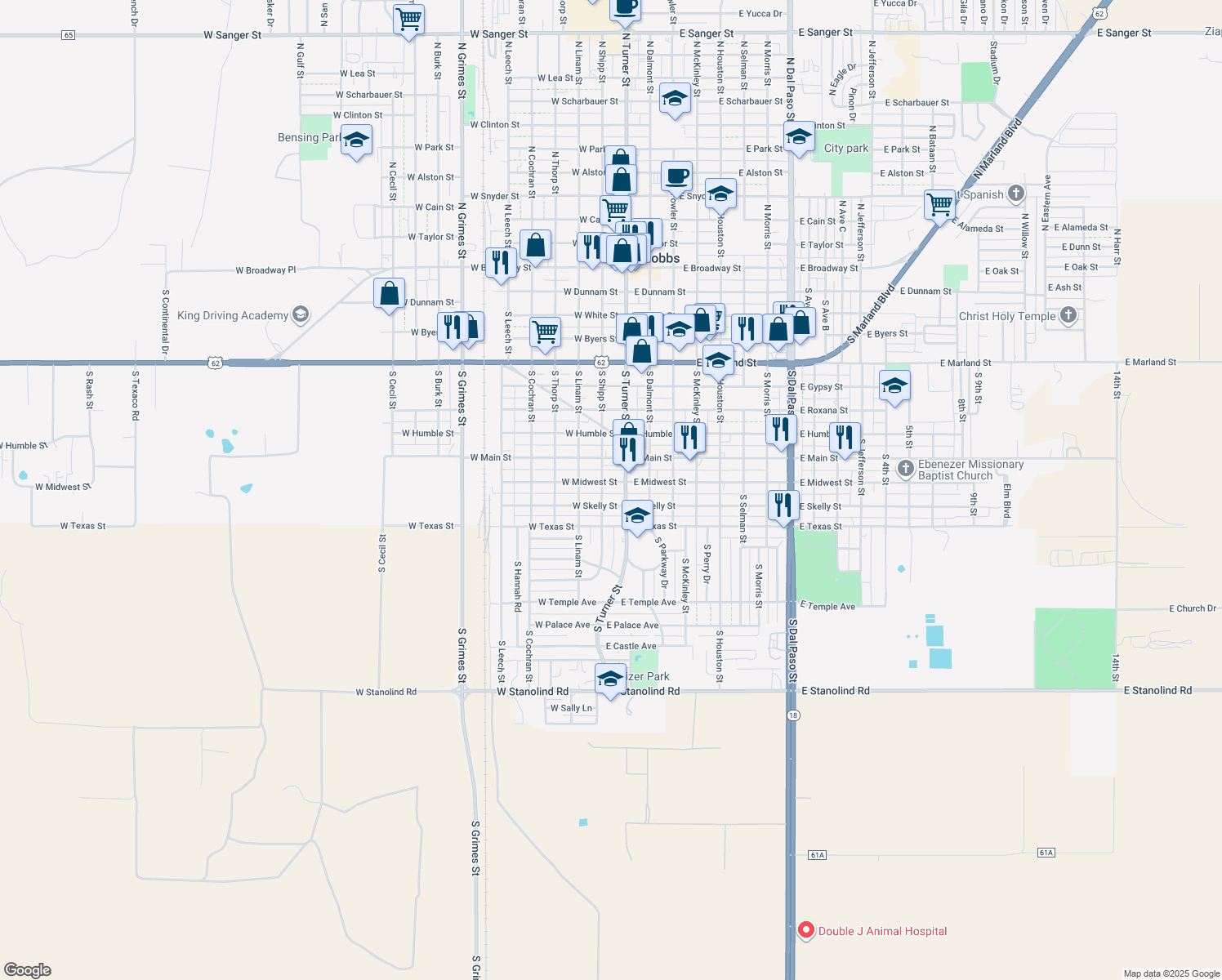 map of restaurants, bars, coffee shops, grocery stores, and more near 115 W Midwest St in Hobbs
