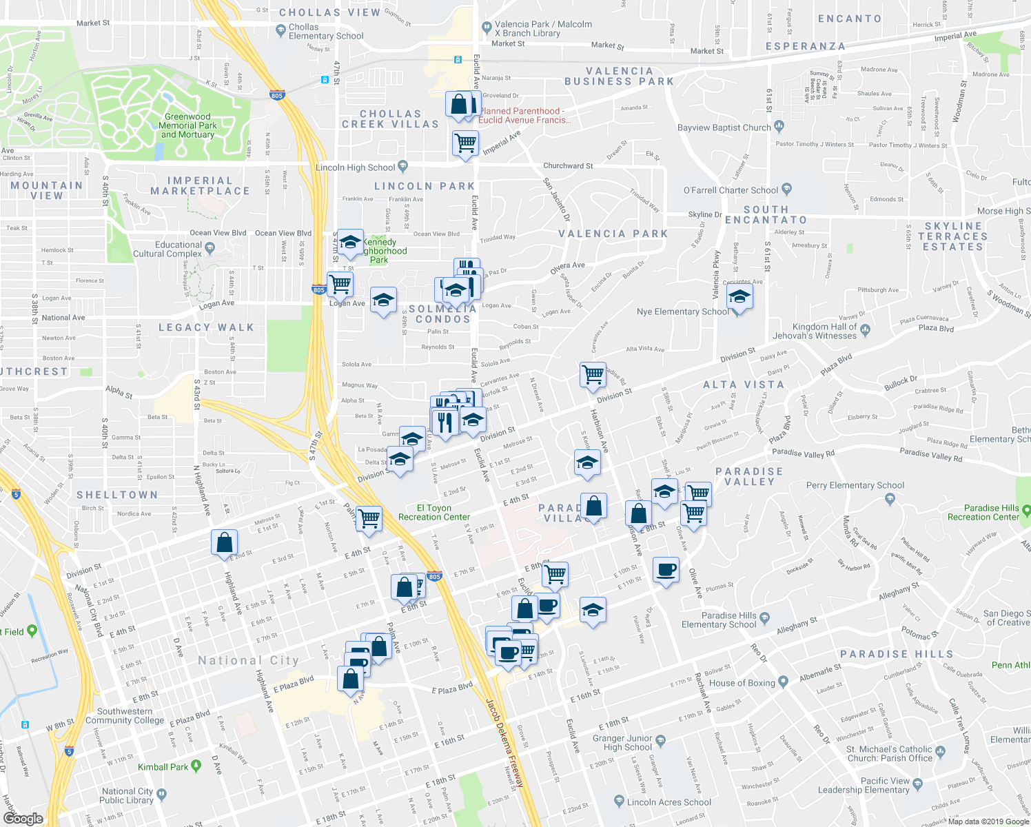 map of restaurants, bars, coffee shops, grocery stores, and more near 47 North Lanoitan Avenue in National City