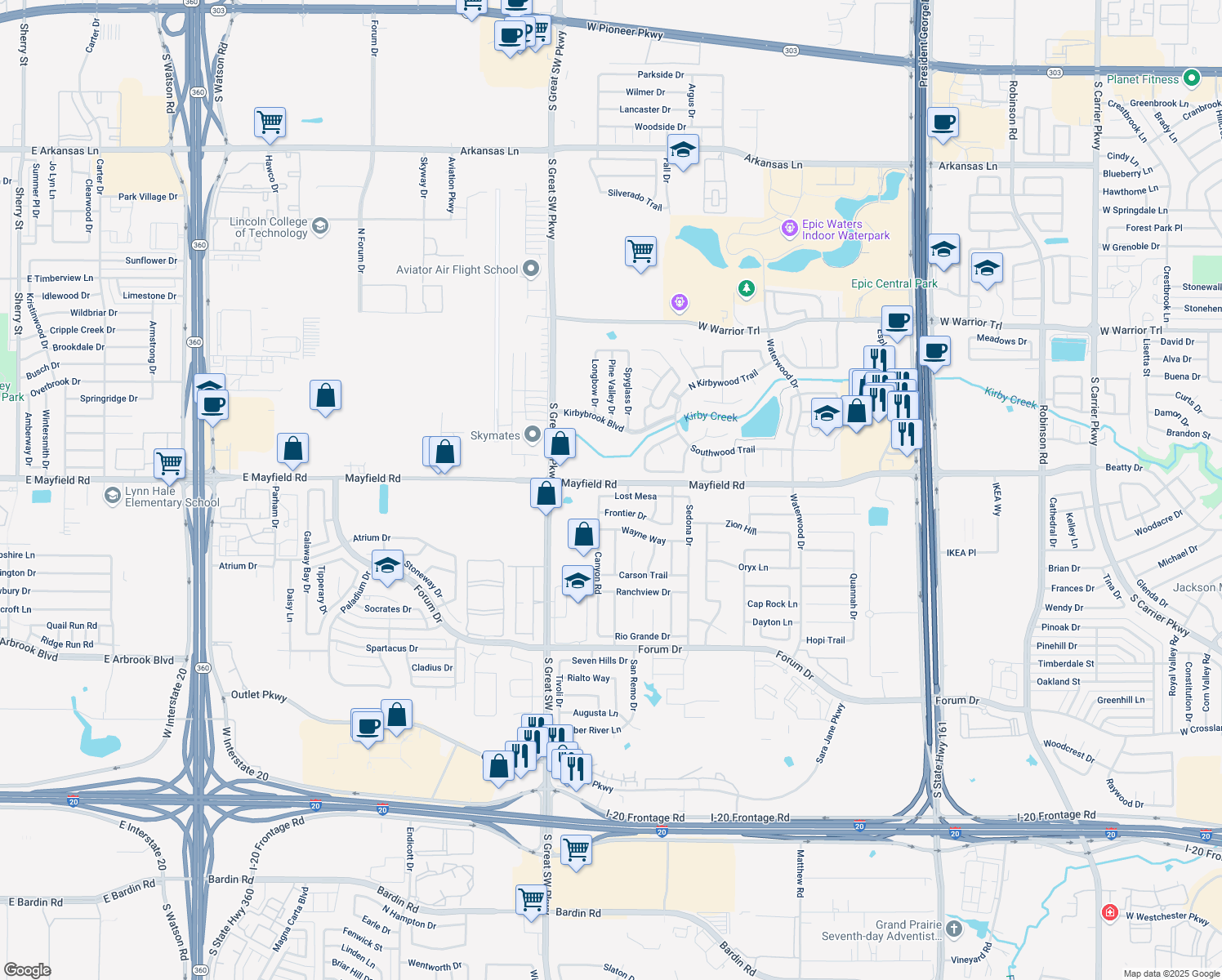 map of restaurants, bars, coffee shops, grocery stores, and more near 2508 Lost Mesa in Grand Prairie