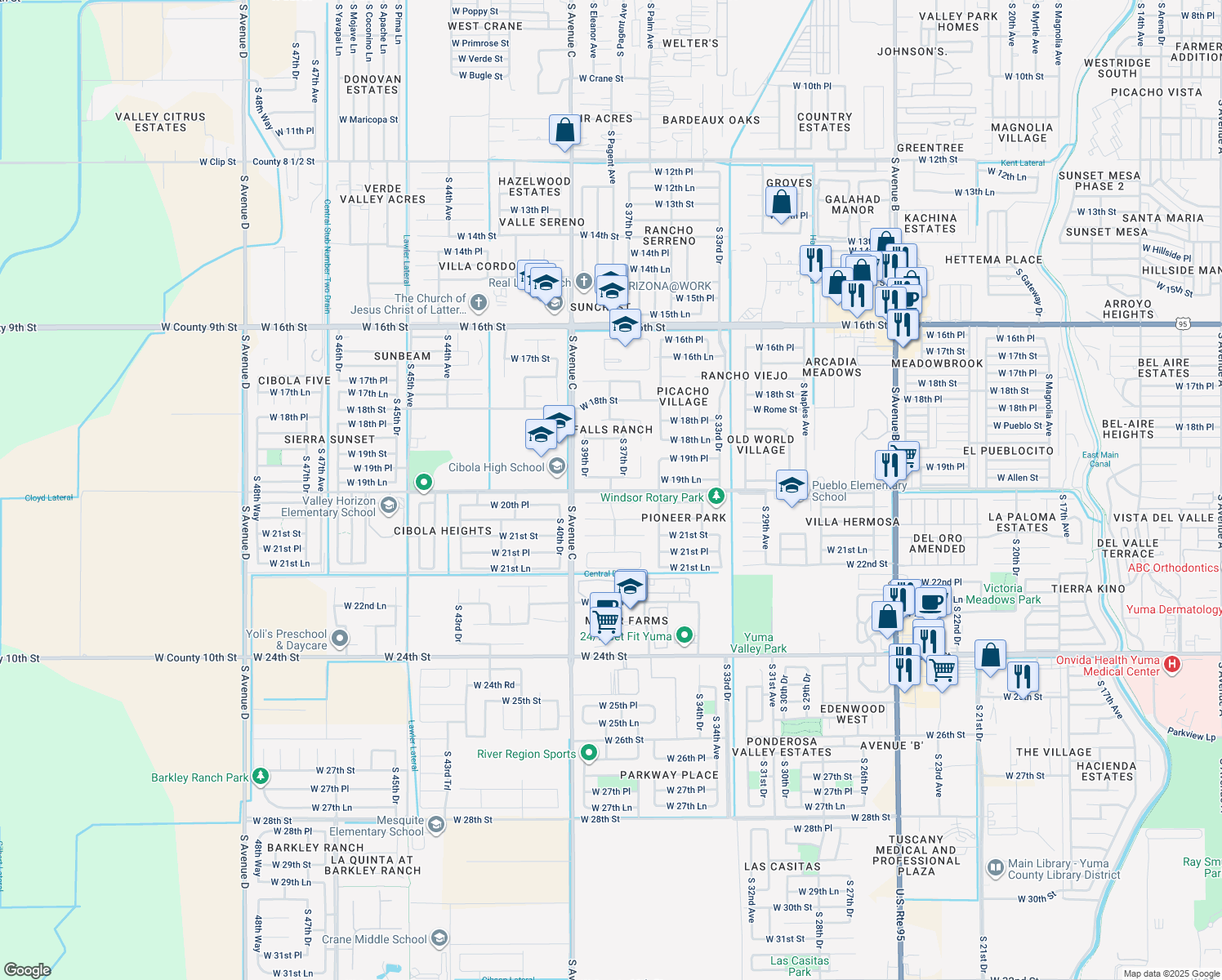 map of restaurants, bars, coffee shops, grocery stores, and more near 3833 W 20th St in Yuma