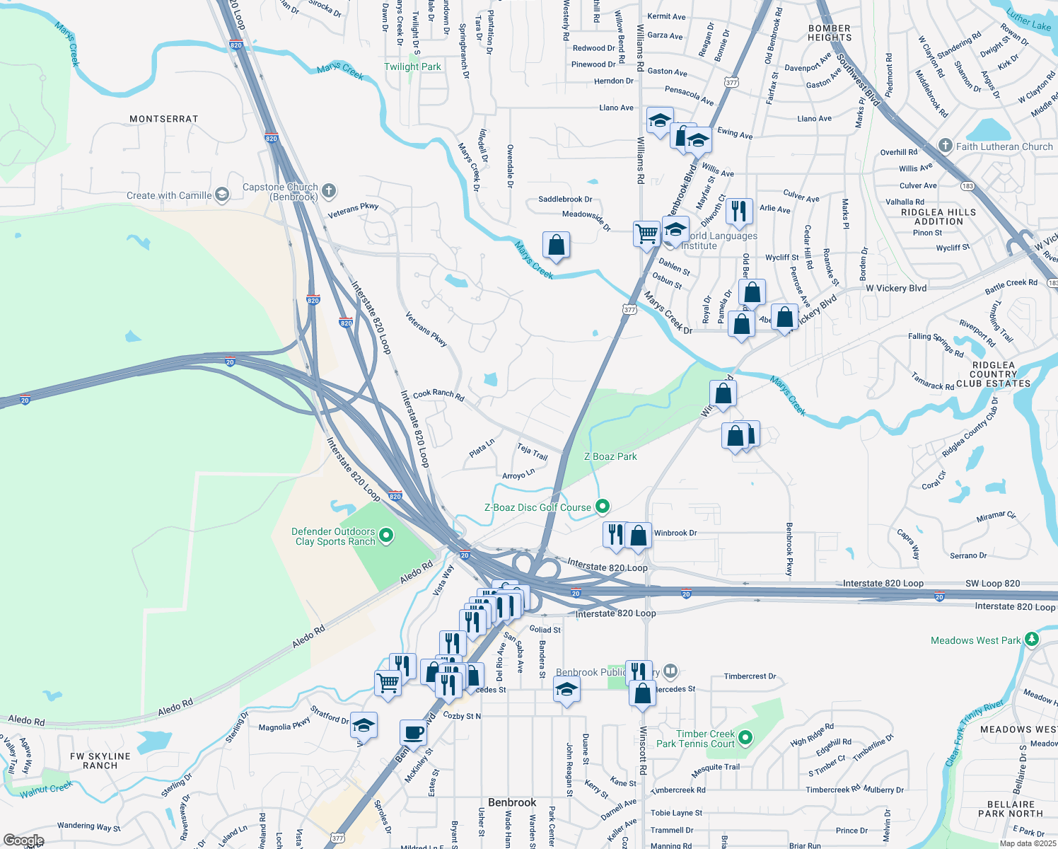 map of restaurants, bars, coffee shops, grocery stores, and more near 8345 Estandarte Ct in Benbrook
