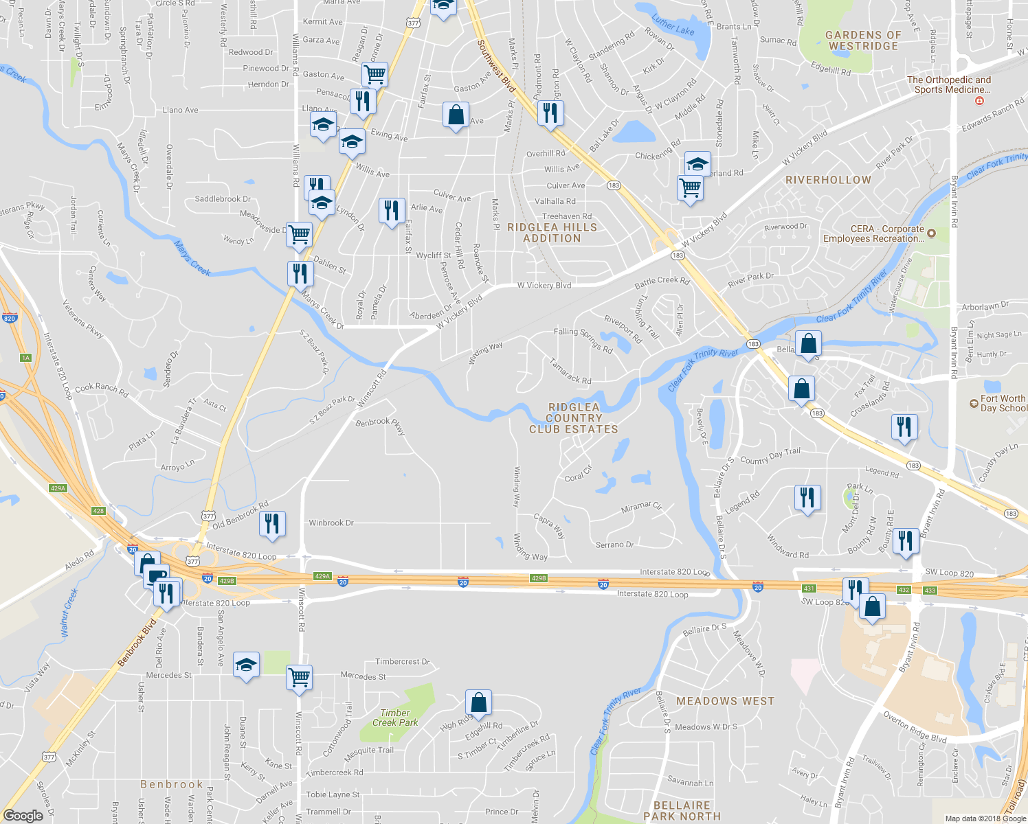 map of restaurants, bars, coffee shops, grocery stores, and more near 3901 Winding Way in Benbrook