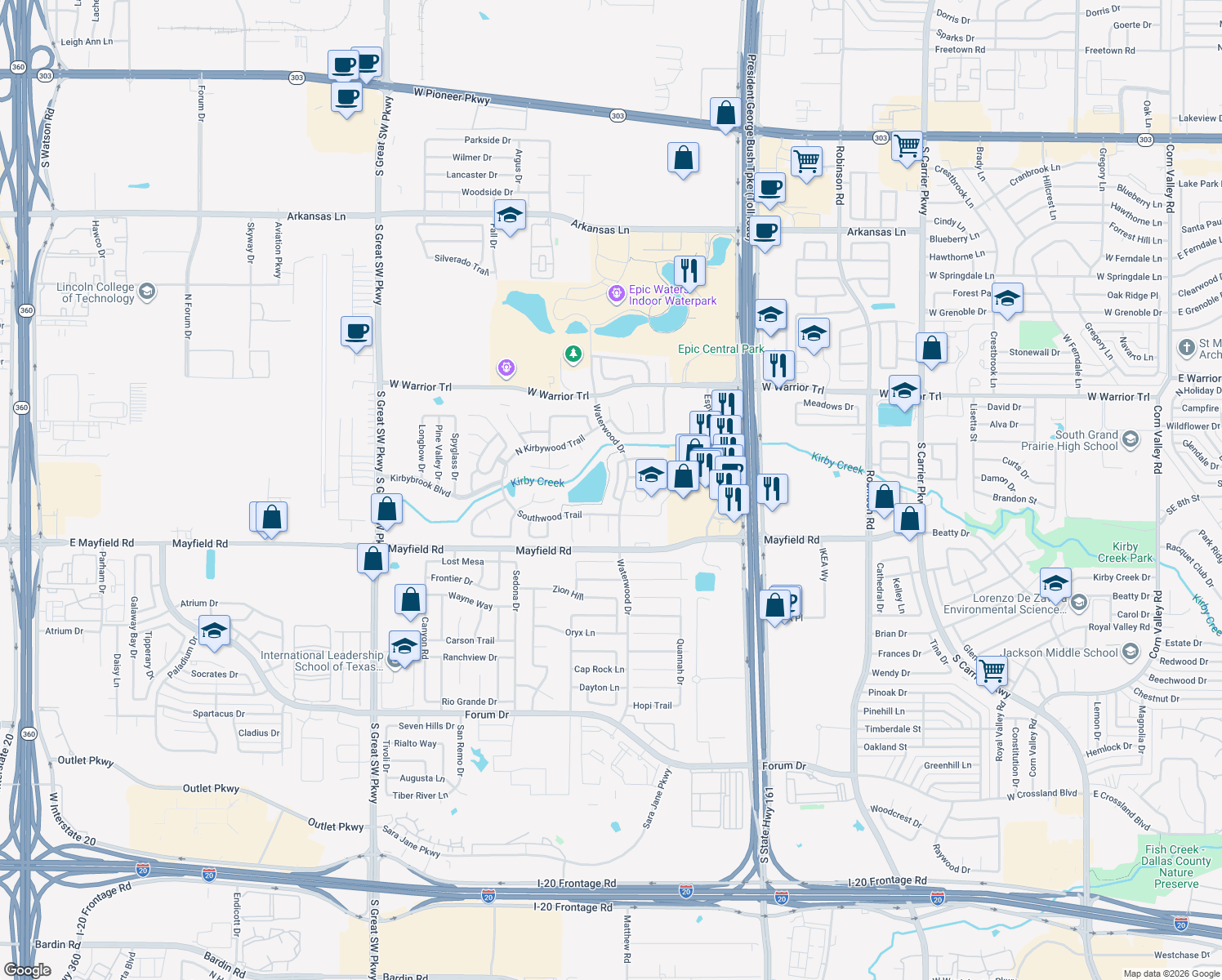 map of restaurants, bars, coffee shops, grocery stores, and more near 3139 Ponds Edge Trail in Grand Prairie