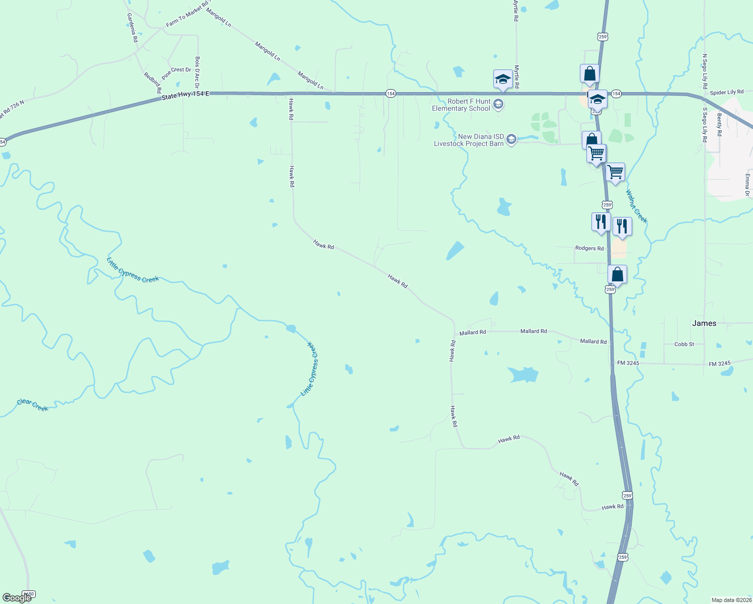 map of restaurants, bars, coffee shops, grocery stores, and more near 3460 Hawk Road in Diana
