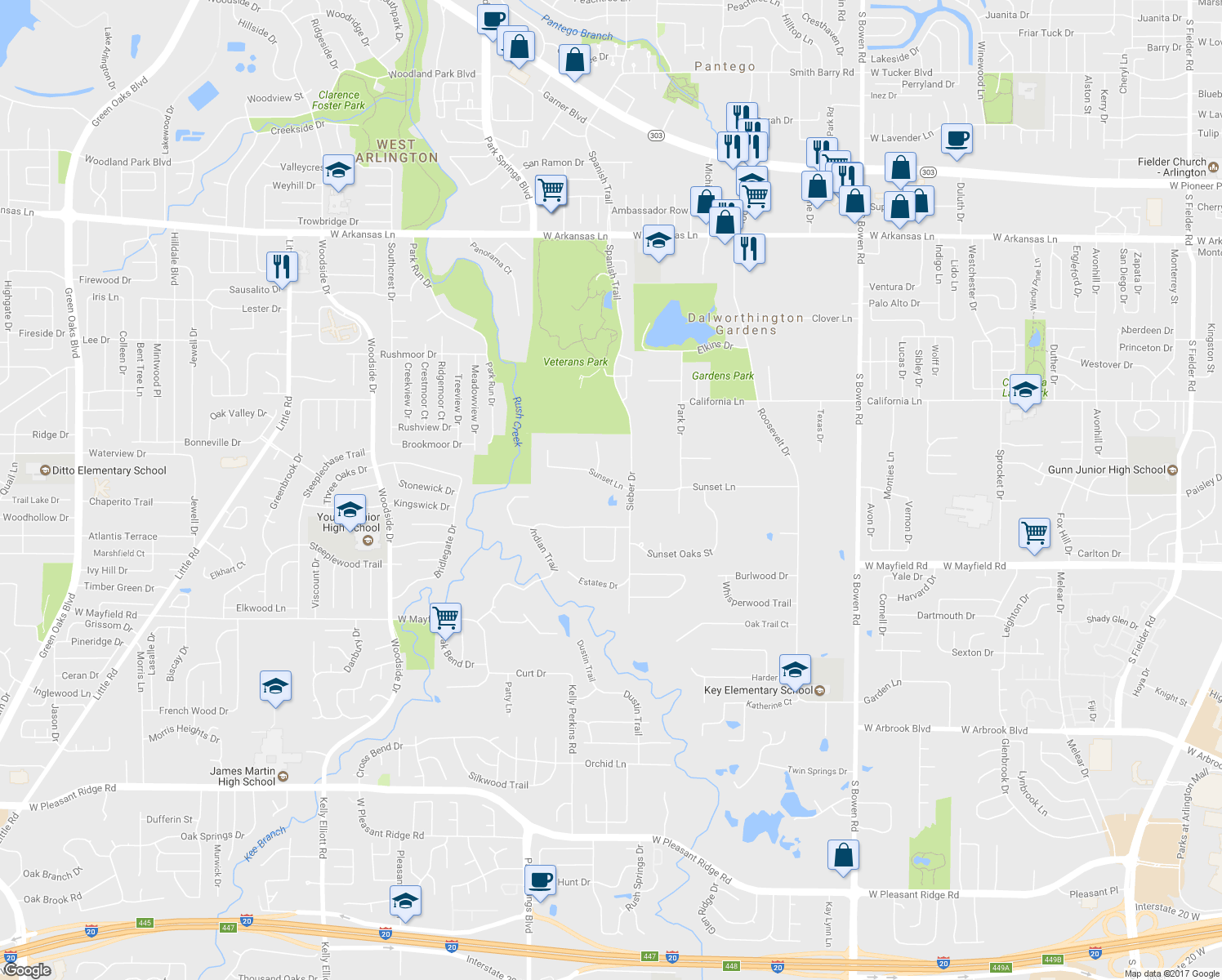 map of restaurants, bars, coffee shops, grocery stores, and more near 3610 Sunset Lane in Arlington