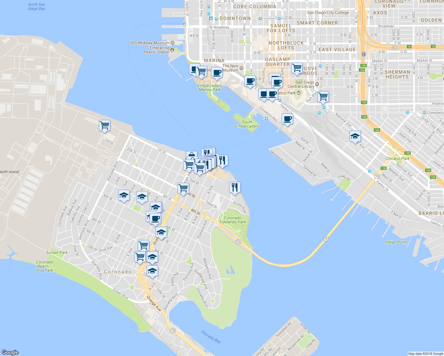 map of restaurants, bars, coffee shops, grocery stores, and more near 1481-1599 1st Street in Coronado