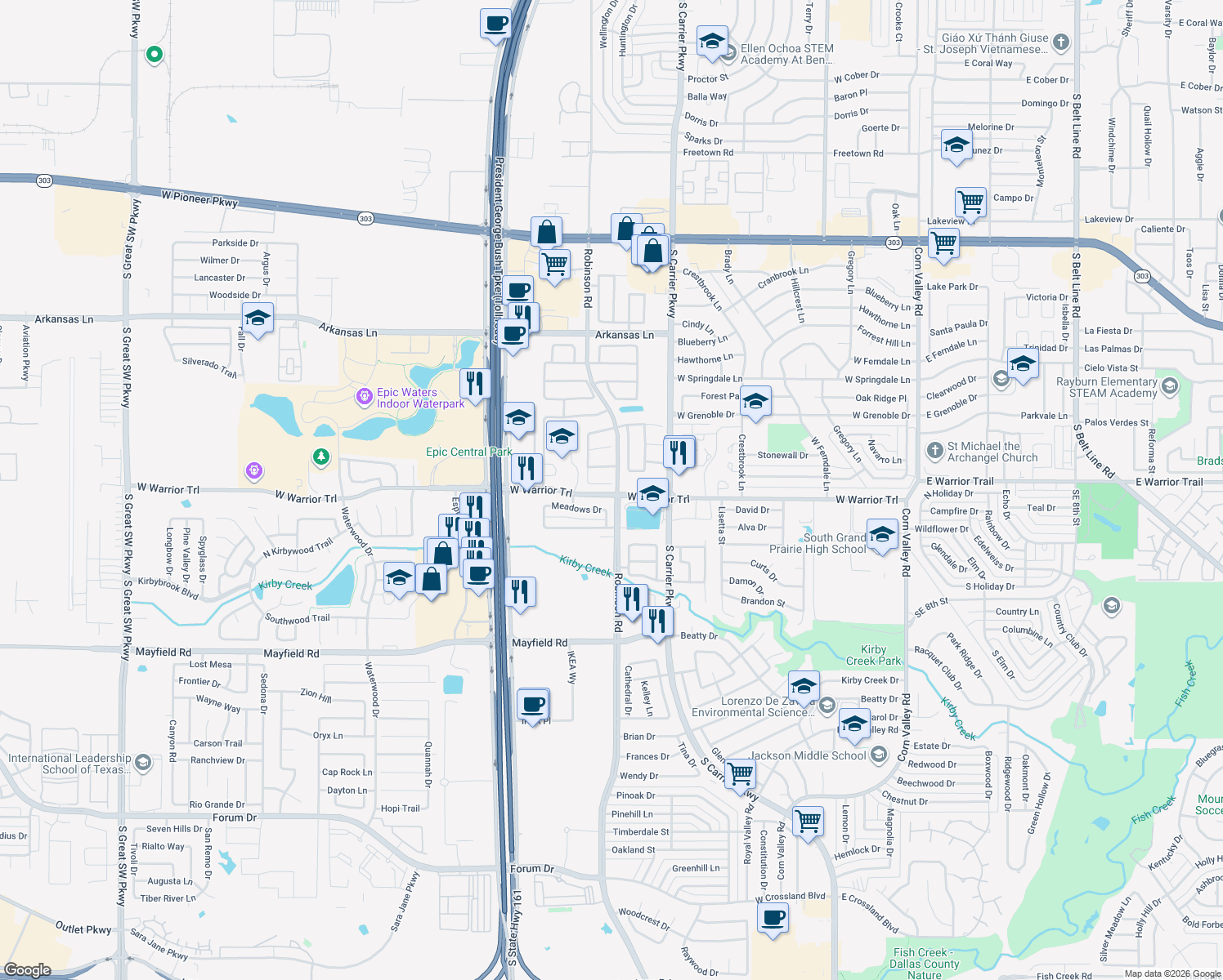 map of restaurants, bars, coffee shops, grocery stores, and more near 1003 Cedarbrook Dr in Grand Prairie