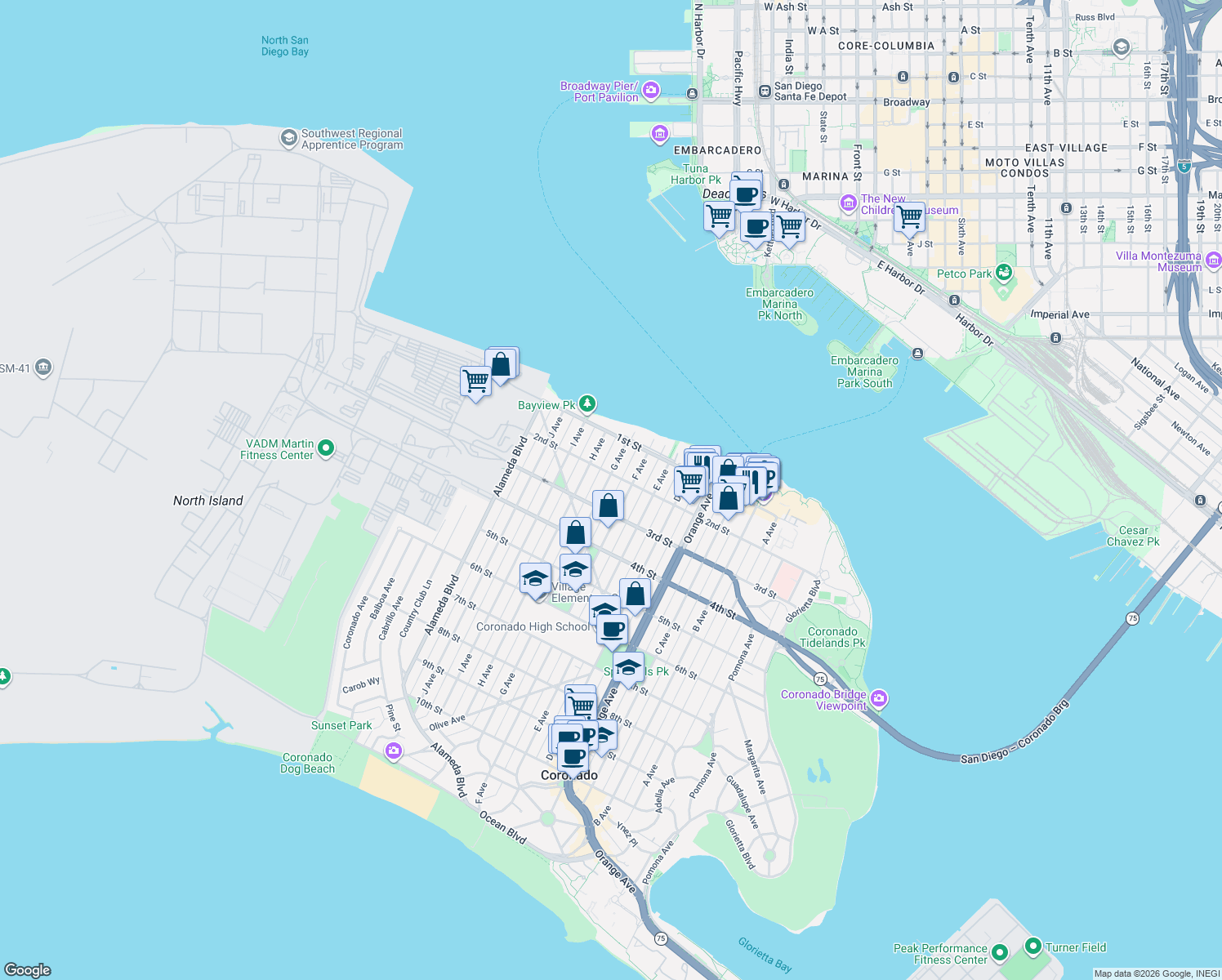 map of restaurants, bars, coffee shops, grocery stores, and more near 220 F Avenue in Coronado