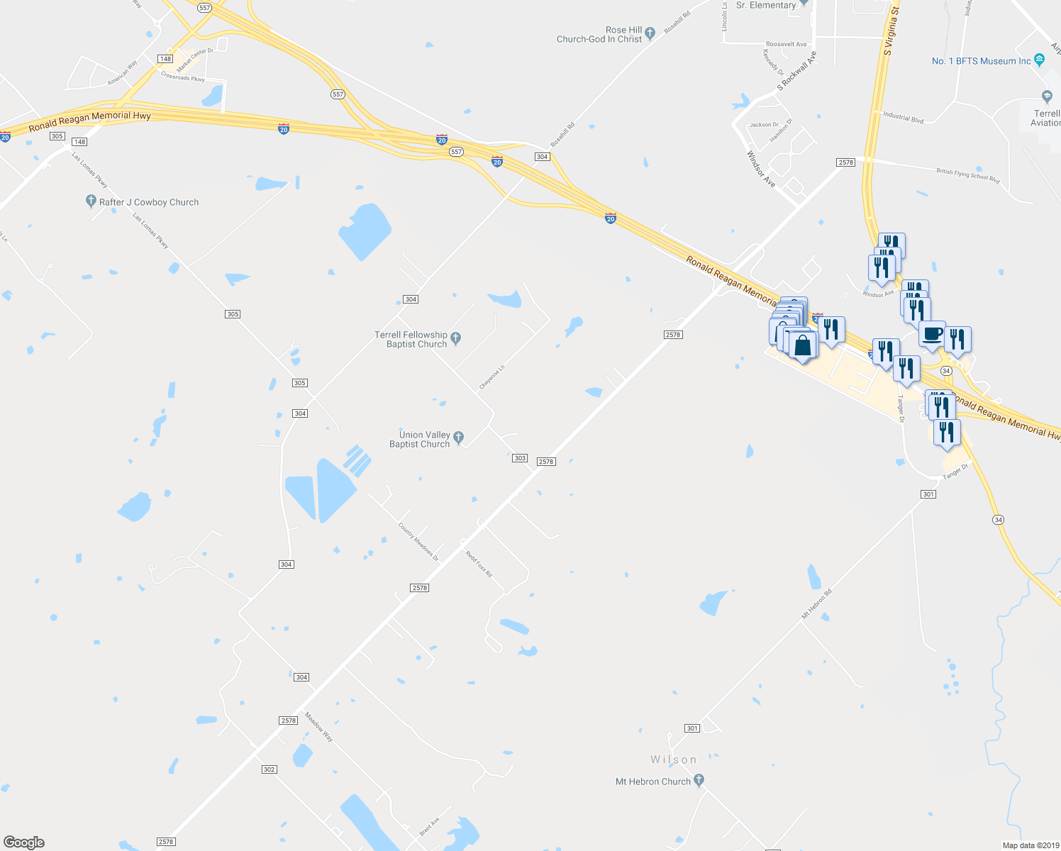 map of restaurants, bars, coffee shops, grocery stores, and more near 1154 County Road 303 in Terrell