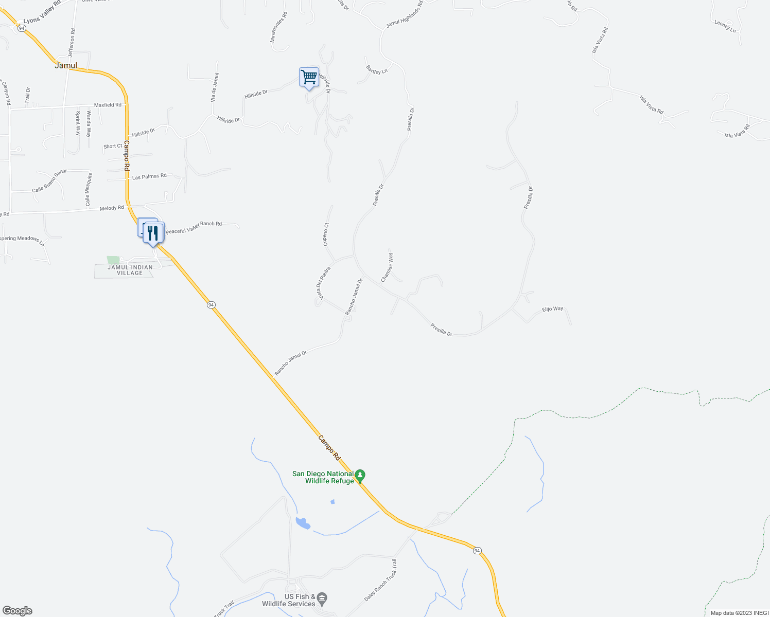 map of restaurants, bars, coffee shops, grocery stores, and more near 2636 Vista Del Conquistador in Jamul
