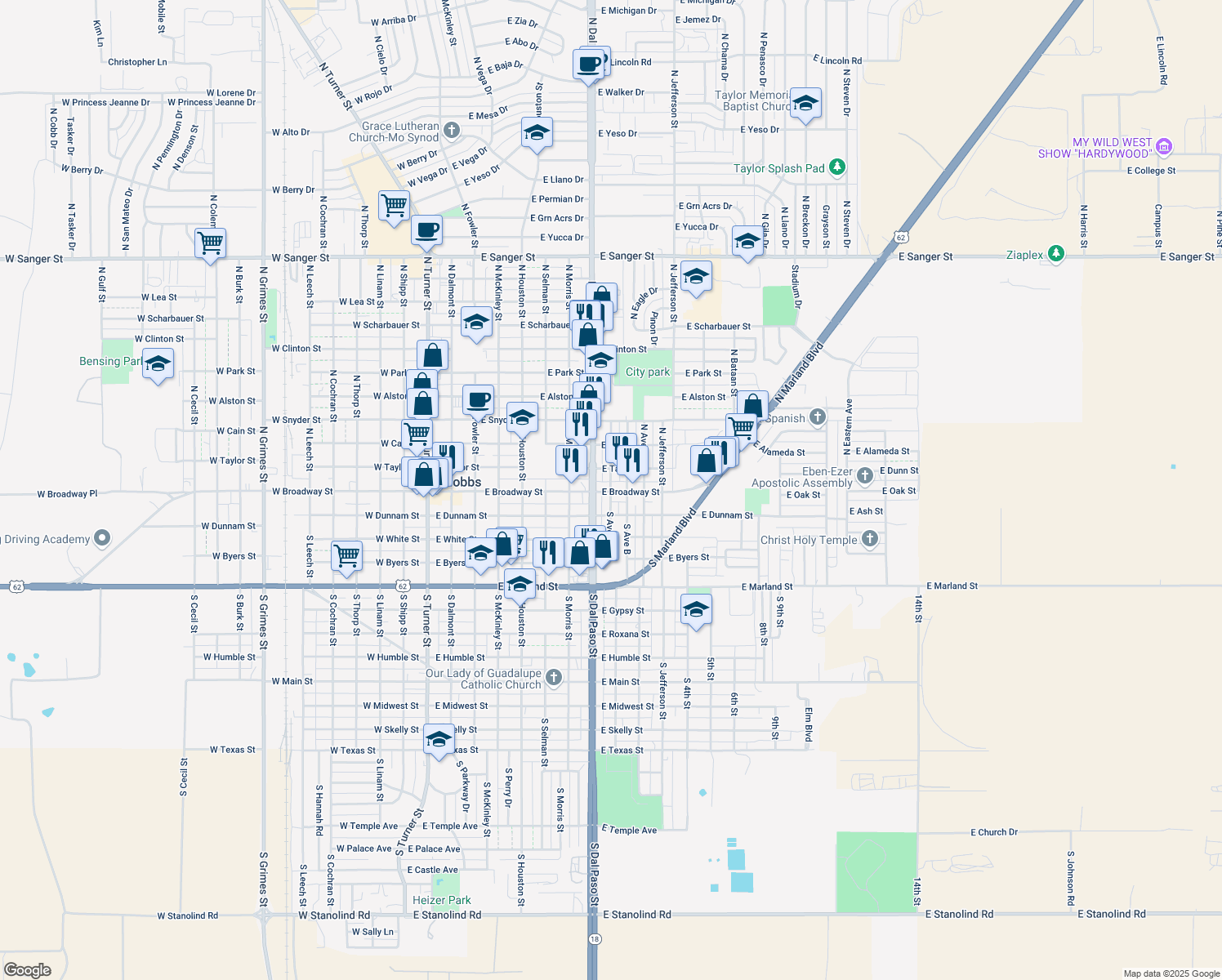 map of restaurants, bars, coffee shops, grocery stores, and more near 108 North Ave A in Hobbs