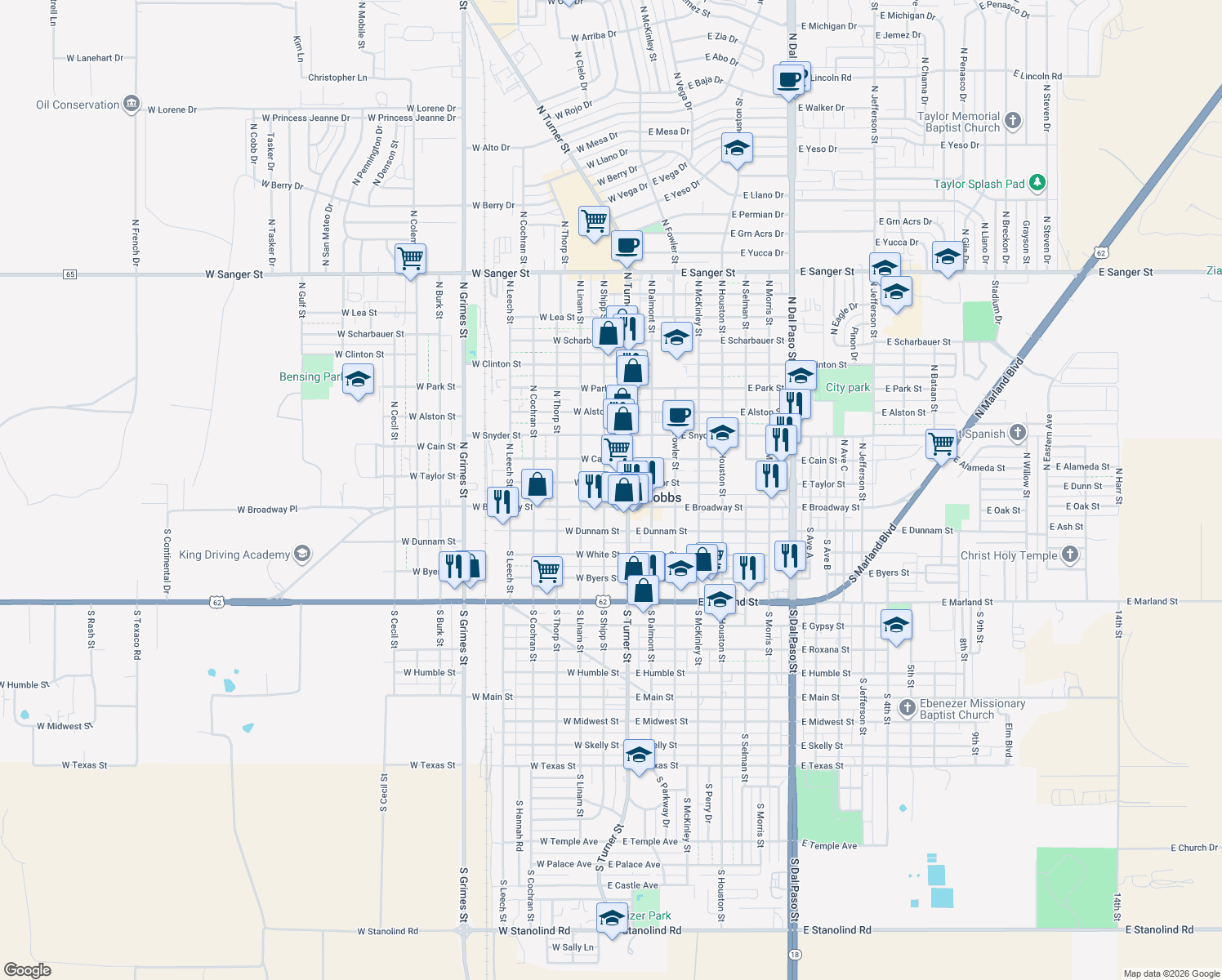 map of restaurants, bars, coffee shops, grocery stores, and more near 119 E Taylor St in Hobbs