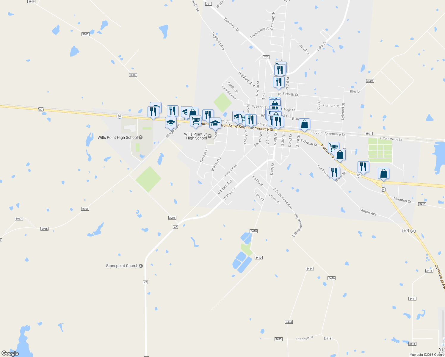 map of restaurants, bars, coffee shops, grocery stores, and more near 898 Pecan Avenue in Wills Point