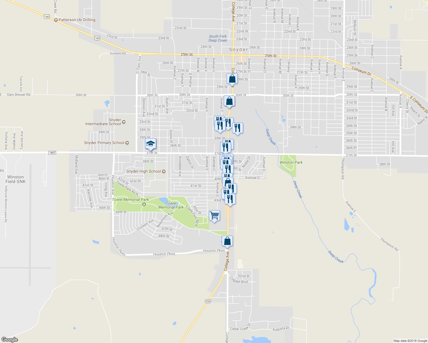 map of restaurants, bars, coffee shops, grocery stores, and more near 3721 Avenue U in Snyder