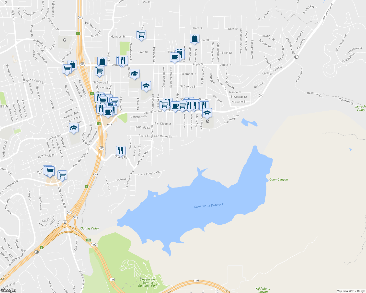 map of restaurants, bars, coffee shops, grocery stores, and more near 9421 Avenida Acero in Spring Valley